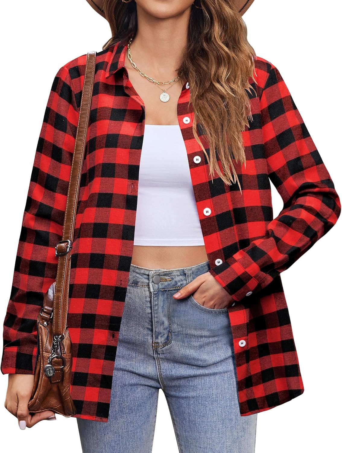 Zeagoo Flannel Shirt Women Button Down Long Sleeve Plaid Shirts Collared Casual Work Tops S-2XL
