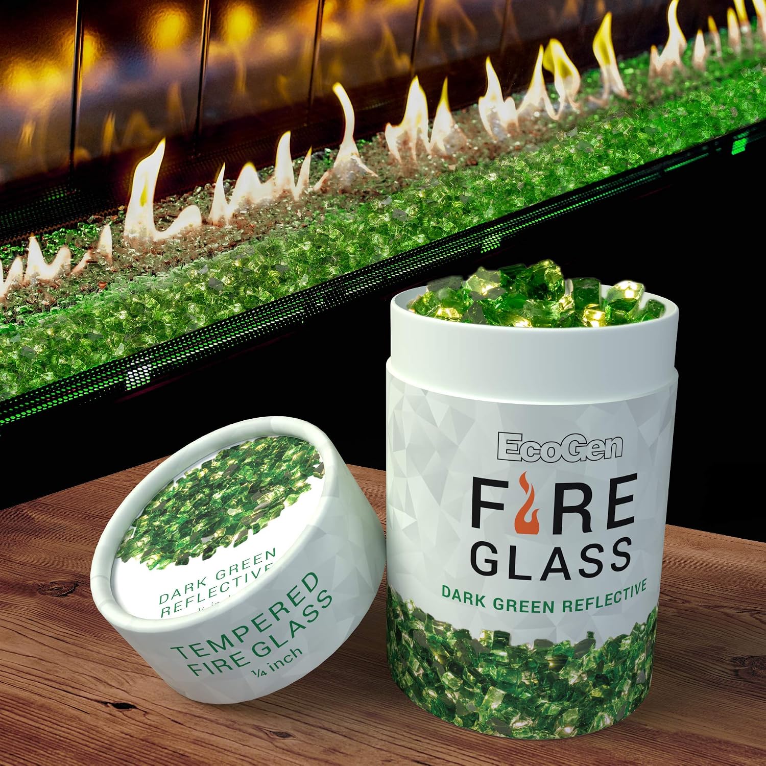 EcoGen Fire Glass Rocks for Outdoor Fire Pits and Indoor Fireplace, Color, Optimal Heat for Propane or Gas, Tempered and Reflective, Eco-Friendly Packaging, Dark Green 1/2 inch Reflective 12 lbs.