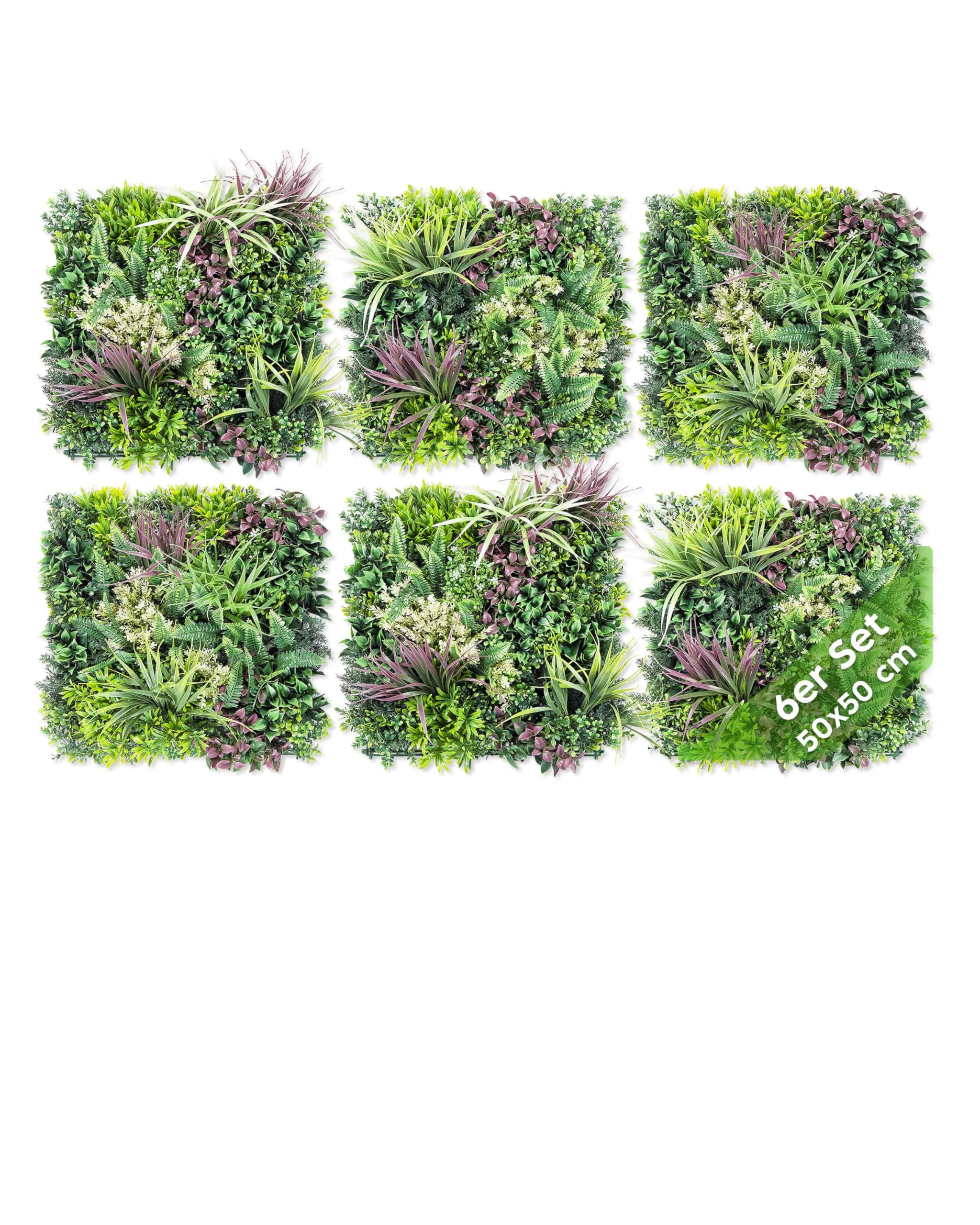 JELLE & JACOB Künstliche Pflanzenwand Indoor & Outdoor, Blumenwand Urban Jungle, 6er Set je 50x50 cm, pflegeleicht & langlebig - für Wohlfühl-Atmosphäre, Kunstpflanzen Wand, Green Wall, Pflanzen Wand