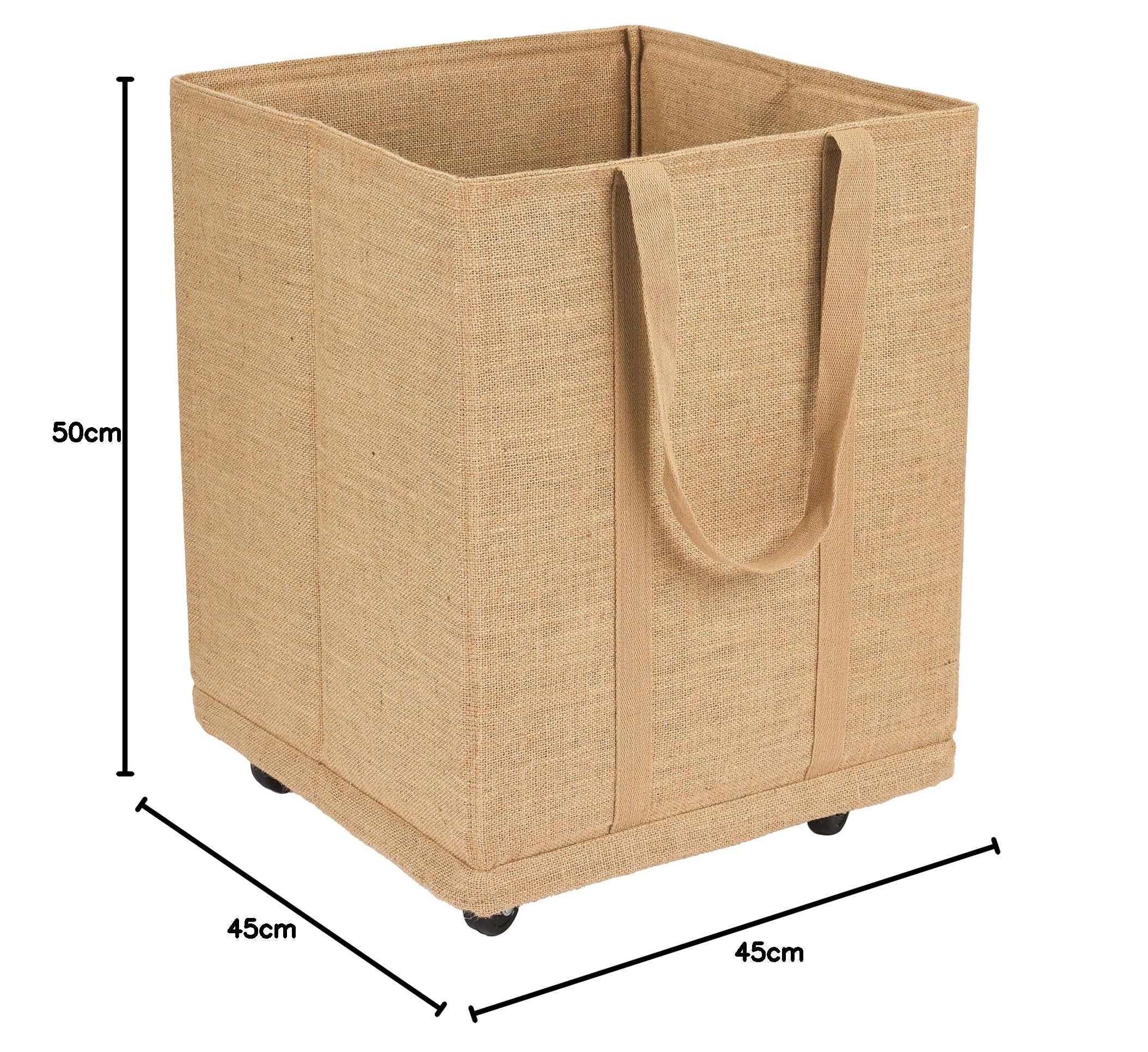 Cesta de tela de yute natural con ruedas giratorias, 45 x 45 x 50 cm, 100 litros, bolsa para troncos, Rengement en casa