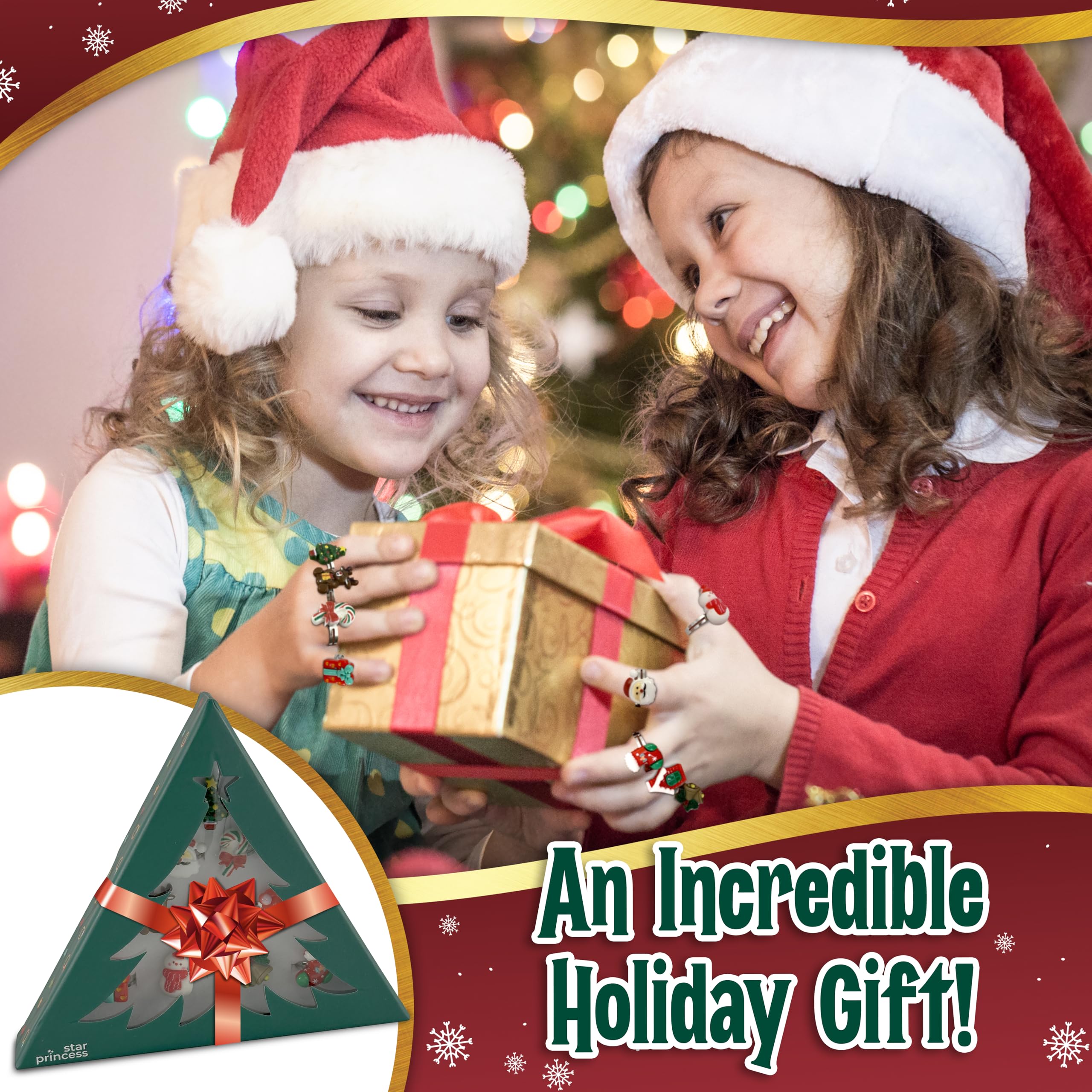 Christmas Stocking Stuffers Jewel Rings for Kids Set of 10 Christmas-Themed Adjustable Holiday Dress Up Rings for Girls in Christmas Tree Gift Box Gift for Girls Age 3 4 5 6 7 8 - Image 4