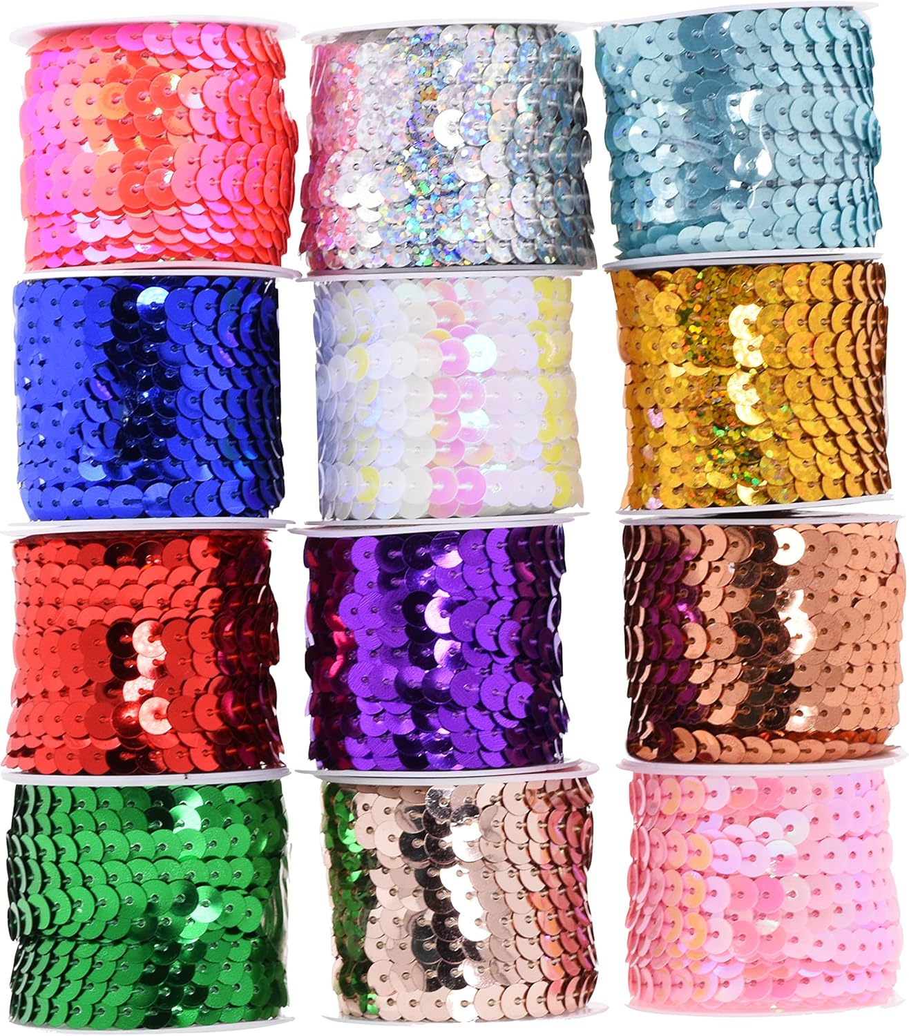 Mandala Crafts 7x12 Yards 6mm 12 Assorted Colors Sequins Strips on a Roll - Flat Paillettes Trim Ribbon Sequins String Spool by the Yard for Sewing, Crafts, Embellishments, and Decorations