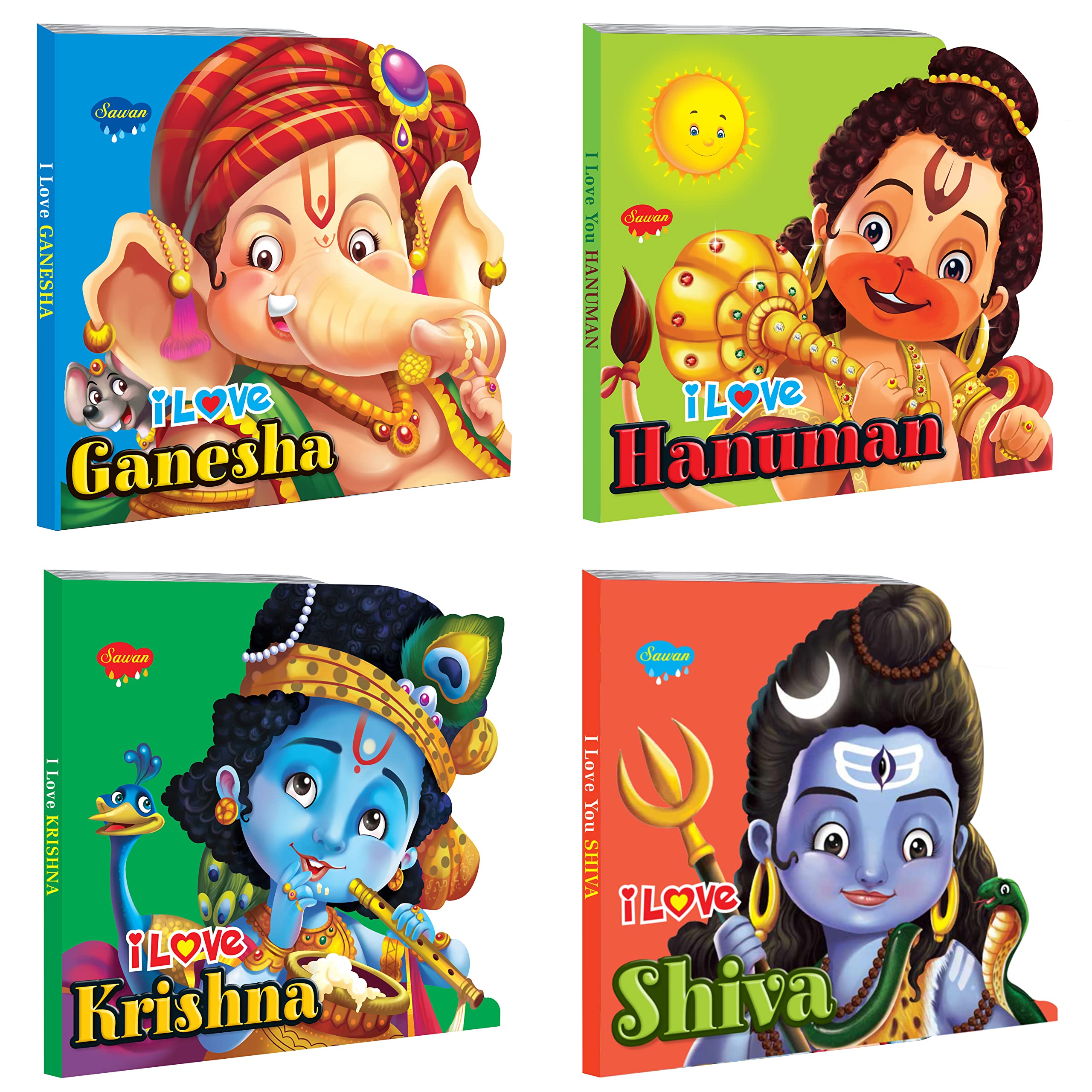 Sawan Present Set Of 4 I Love u story Books Of I Love Shiva,I Love Krishna,I Love Hanuman & I Love Ganesha | Board Book [Board book] Sawan
