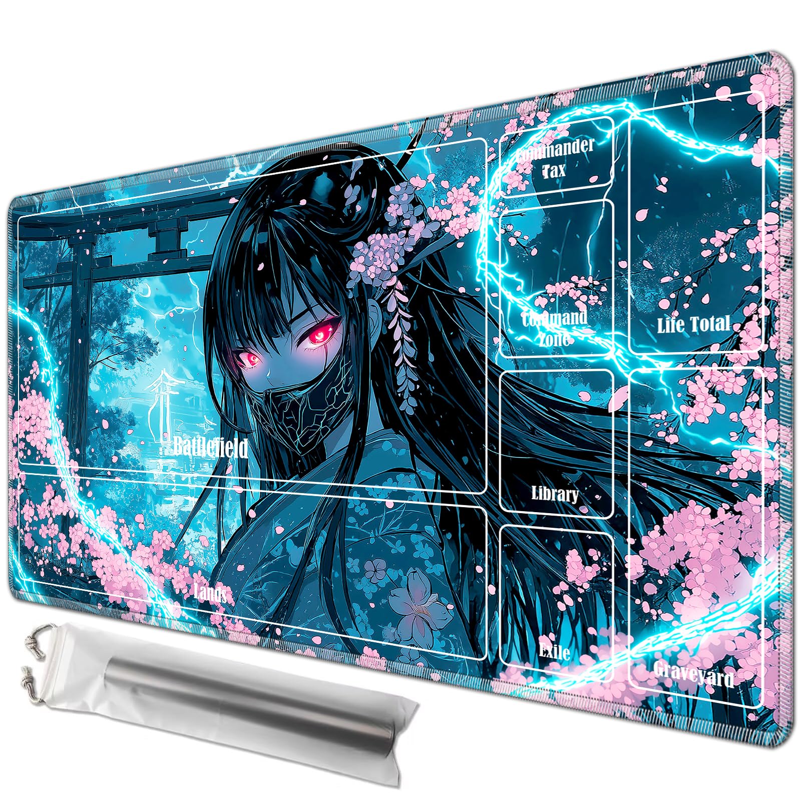 JANENFNA Playmat 24" x 14" with Magic Zones for MTG Card Game Playing, Board Game Mat for Card Breaking Commander Deck Gaming Card Game Battles Mat with Storage Bags, Cyberpunk Cherry Blossom Girl โ image 1