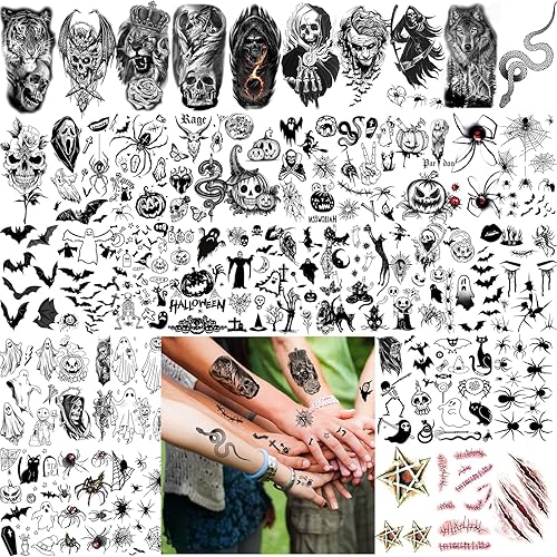 Miniatura 4 de 52 hojas de tatuajes temporales negros de Halloween para niños, hombres y mujeres, incluye 10 hojas grandes de tatuajes falsos de medio brazo, más