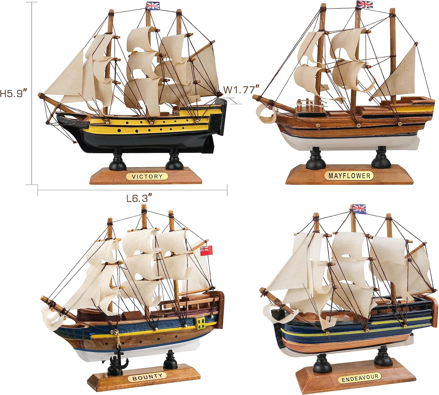 SAILINGSTORY Wooden Model Ships Classic Ship Model Sailboat Decor Bounty, Endeavour, Mayflower, Victory 6.3" Set of 4 Pack