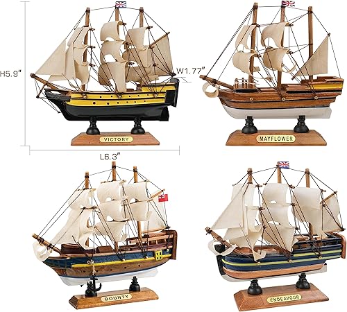 Miniatura 2 de SAILINGSTORY - Modelo de madera de buques modelo clásico de barco de vela Decoración Bounty, Endeavour, Mayflower, Victory 6.3 pulgadas, juego de 4