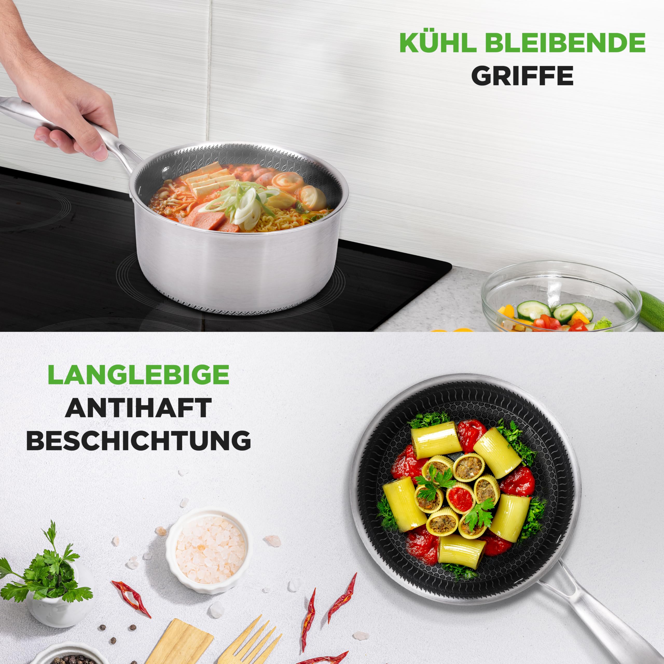 Nutrichef Stielkasserolle Ø 19cm, 2 L Topf Klein- aus Edelstahl mit Glasdeckel – Kratzfeste Wabenstruktur, Hochwertiger Saucentopf für Kleine Mengen, Saucen & Butter, Sortiert