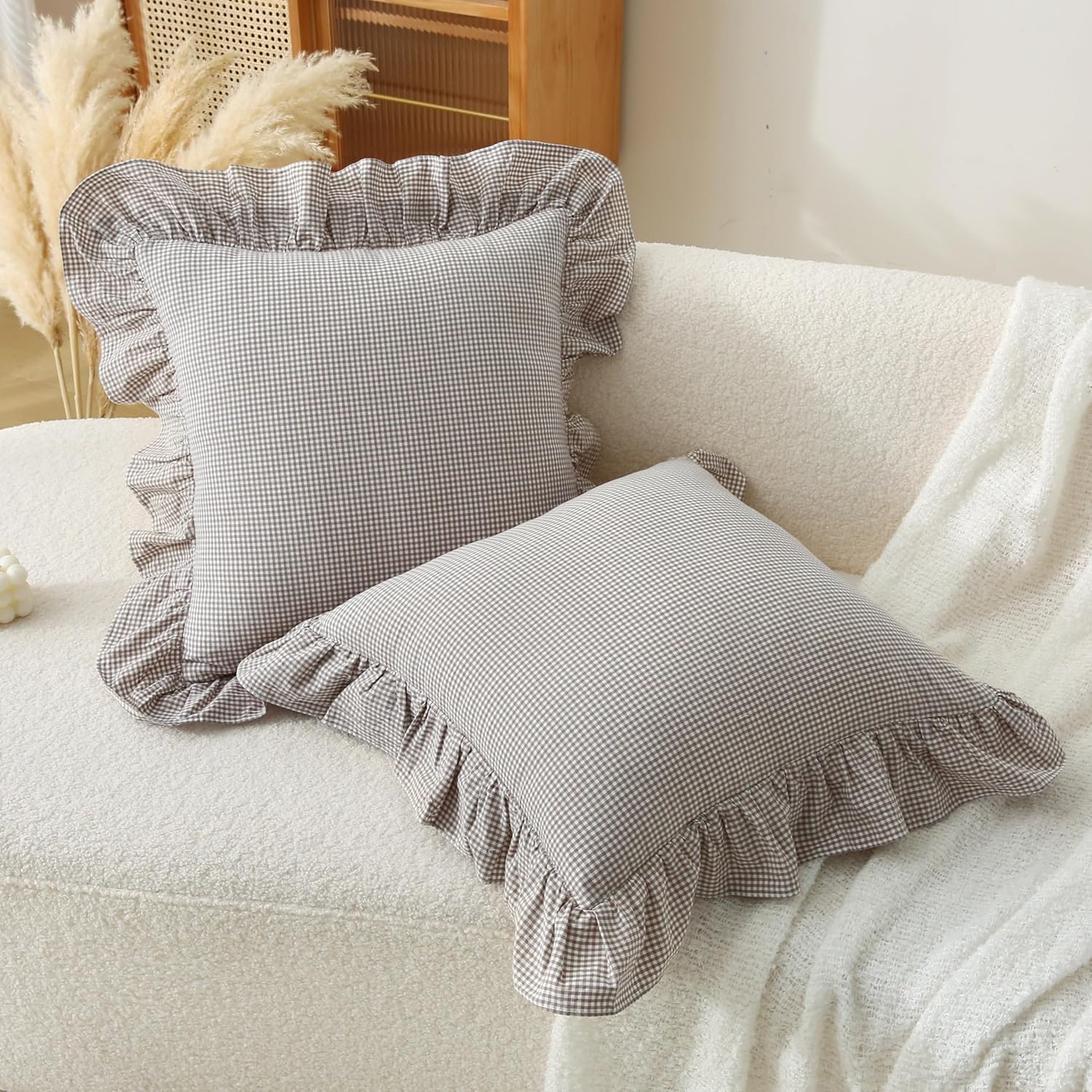 Gingham Pillow Covers (2 Pack) - 18x18 Inches Brown/White Plaid, 100% Washed Cotton Vintage Ruffle Decorative Throw Pillowcases with Zipper Closure for Bed & Couch