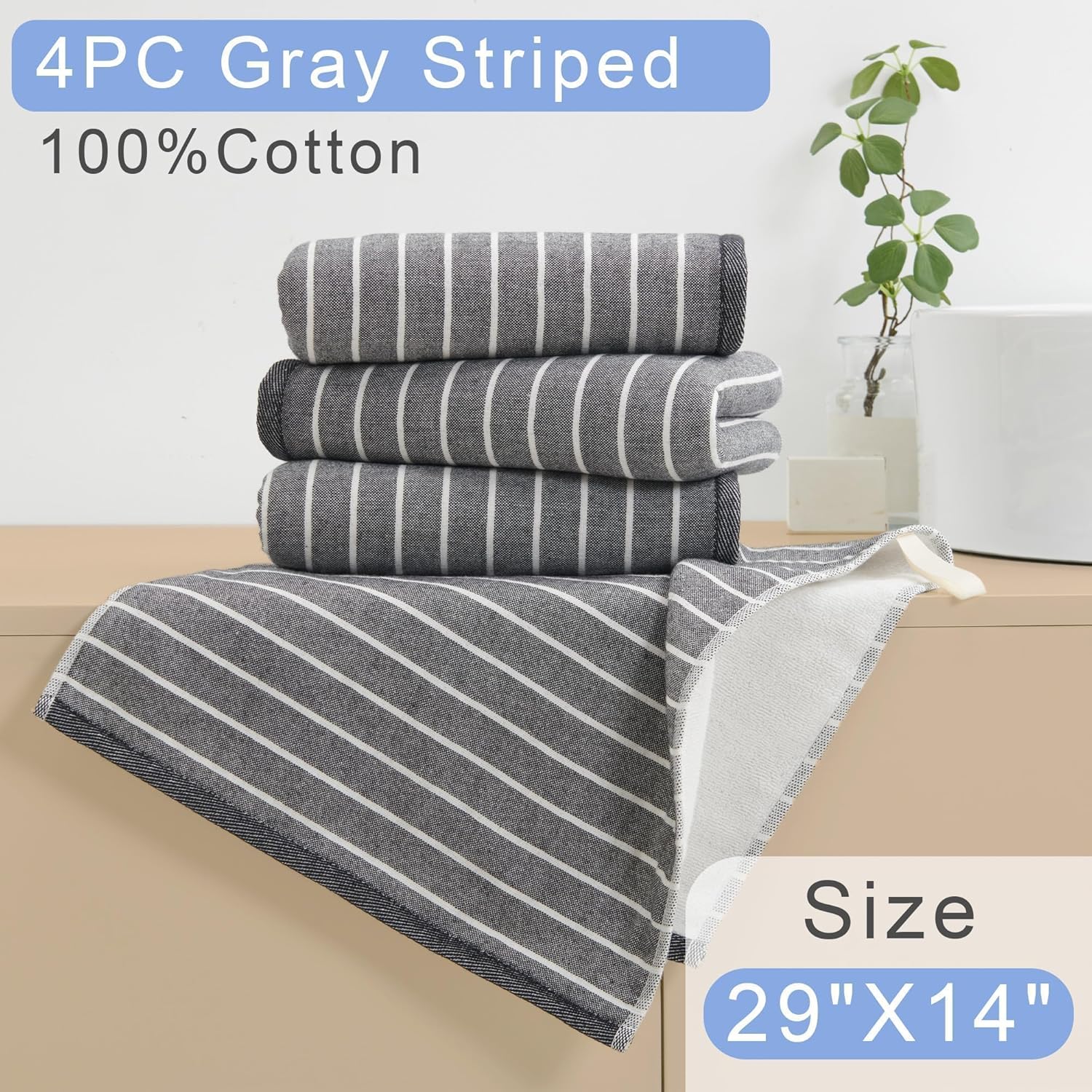 VOOVA & MOVAS 4-Piece Striped Cotton Hand Towels with Hanging Loops | 13x28 Inches, Thick 450GSM | Ultra-Absorbent & Quick-Dry | Soft Bathroom & Face Towels | Classic Black Background White Stripe - Image 3