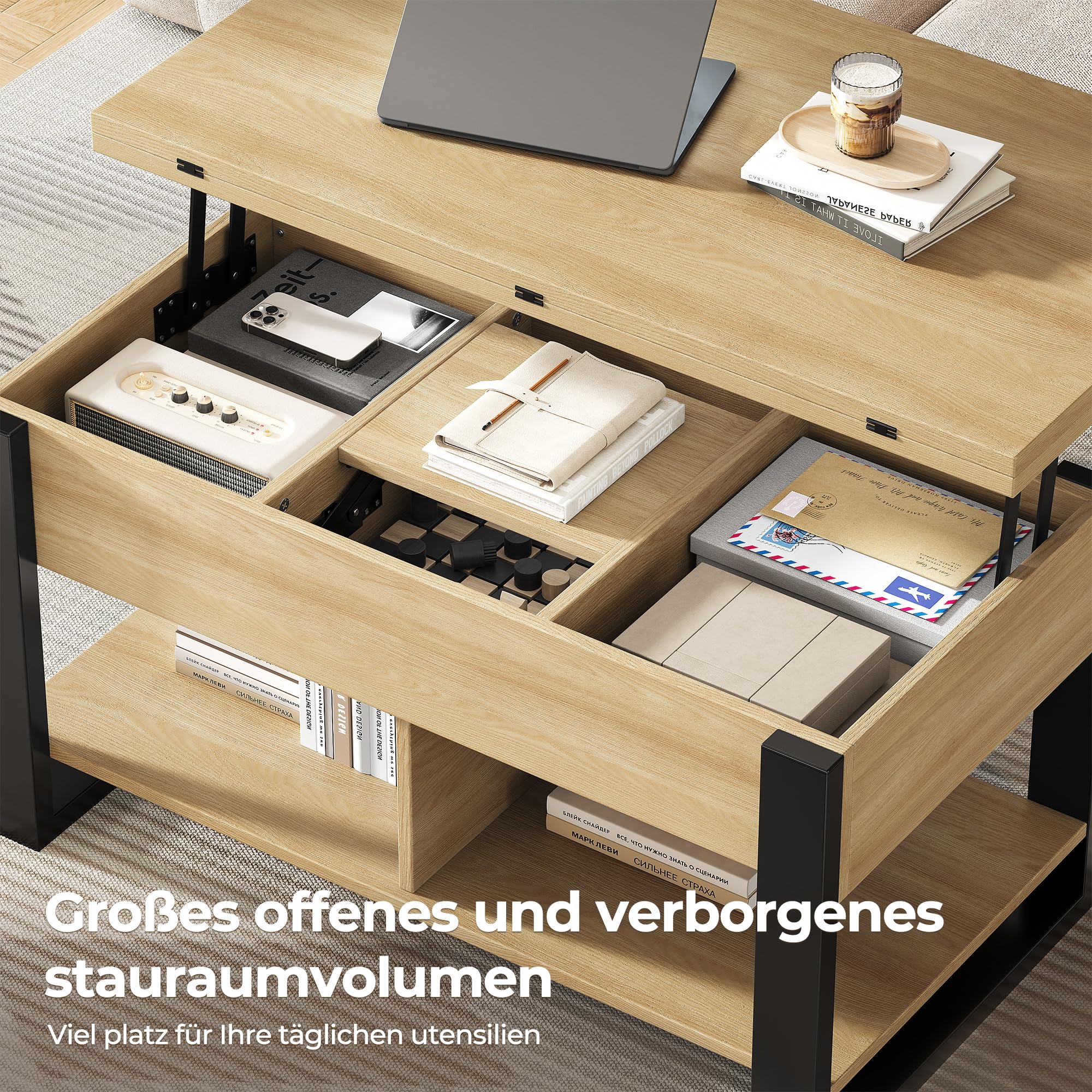 Couchtisch Höhenverstellbar und Ausziehbar, 4-in-1 Wohnzimmertisch Höhenverstellbar Holz, Rechteckiger Couchtisch Aufklappbar mit Stauraum, Wandelbar zum Esstisch, Eiche Natur