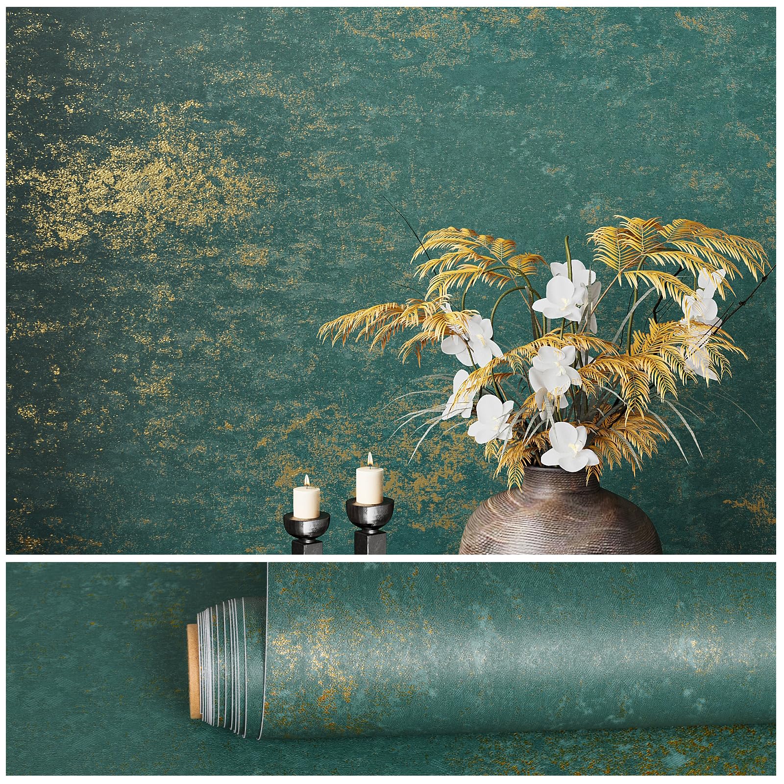 VEELIKE Distressed Teal Gold Metallic Wallpaper for Kitchen Green Gold Concrete Wallpaper Self Adhesive Wall Paper for Bedroom Living Room Vinyl Wrap for Furniture Waterproof Removable 40 cm x 300 cm