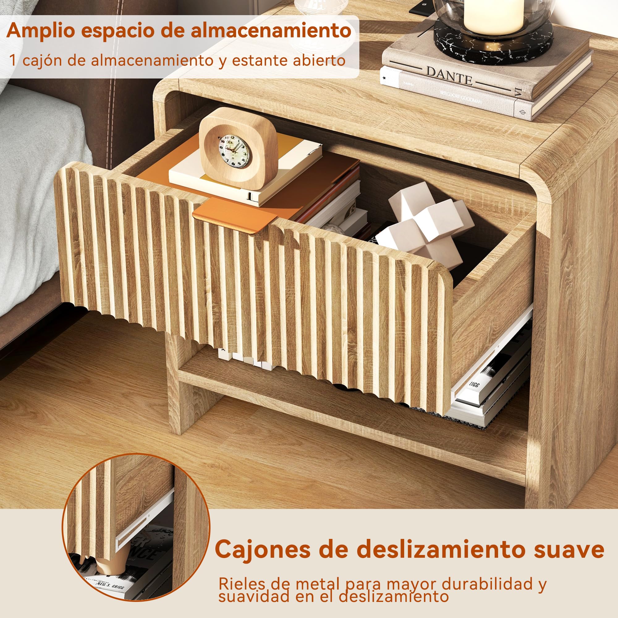 Mesita de Noche, Cajón y Borde Antideslizante, Color Madera