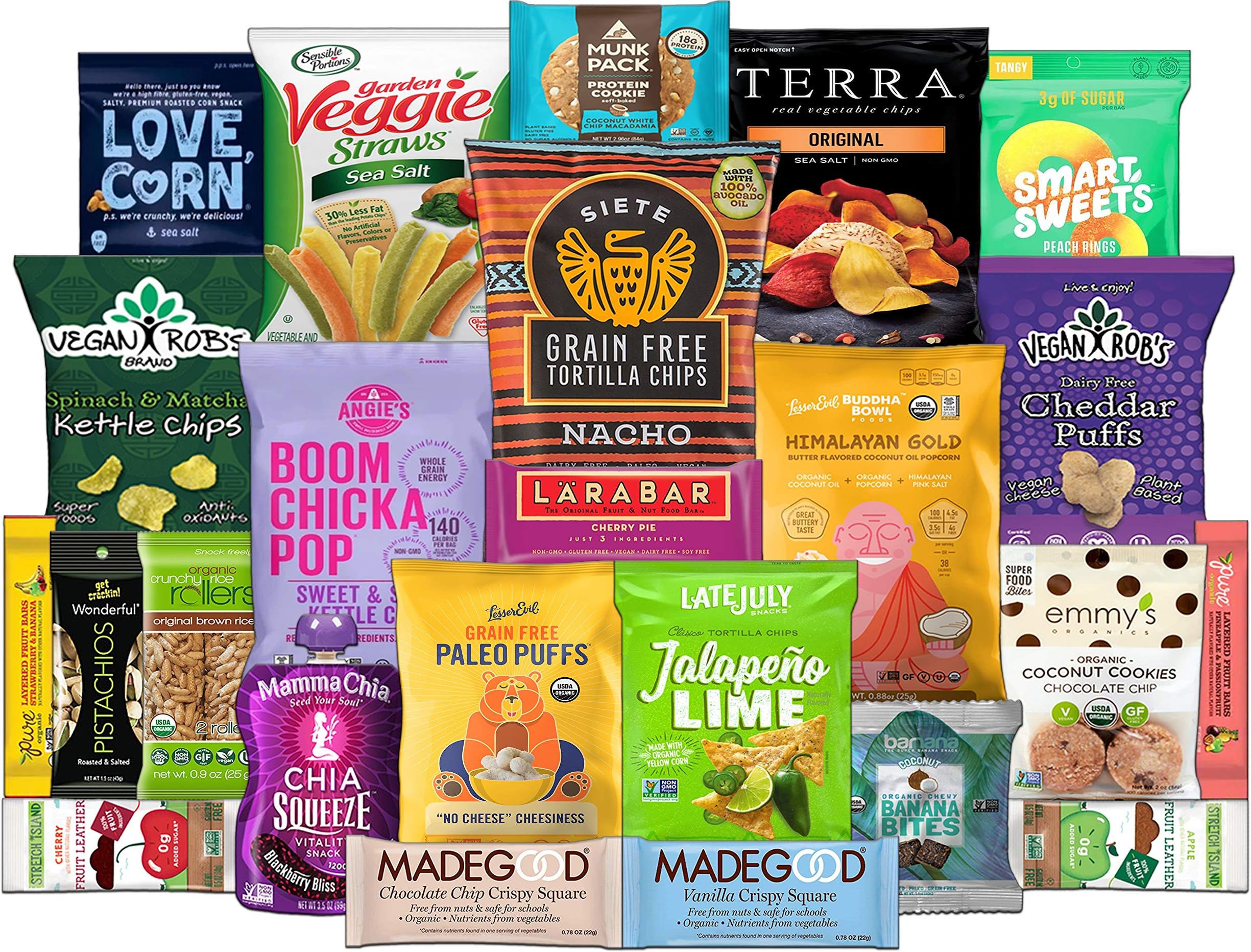 Healthy Vegan and Gluten Free Snack Assortment Care Package - Popcorn, Chips, Puffs, Nuts, Bars, Fruit Snacks (24 Count)