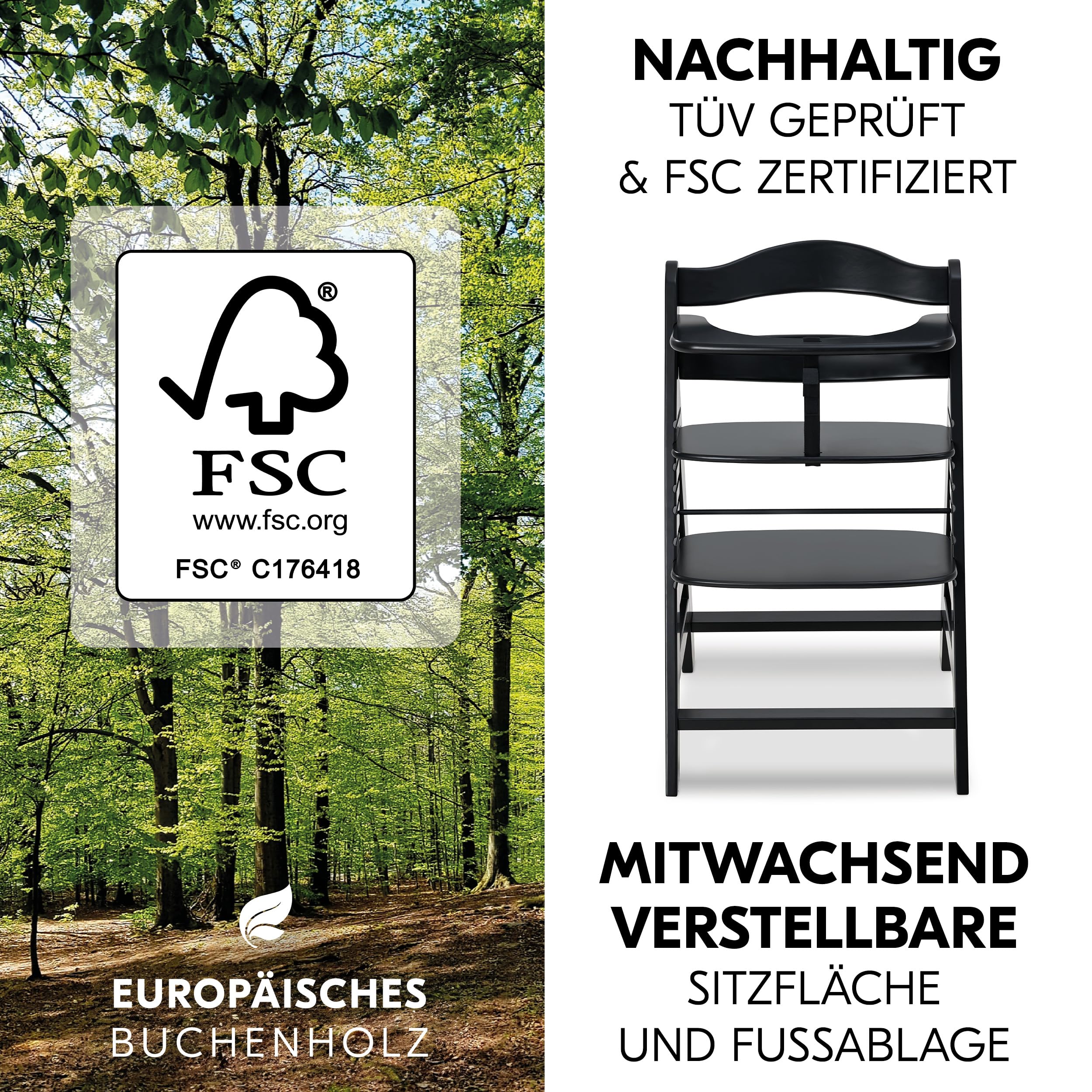 hauck Alpha+ Hochstuhl Newborn Set mit 2in1 Bouncer - Schwarz | Mitwachsender Holz Kinderhochstuhl ab Geburt bis 90 kg | inkl. Neugeborenenaufsatz & Sitzkissen