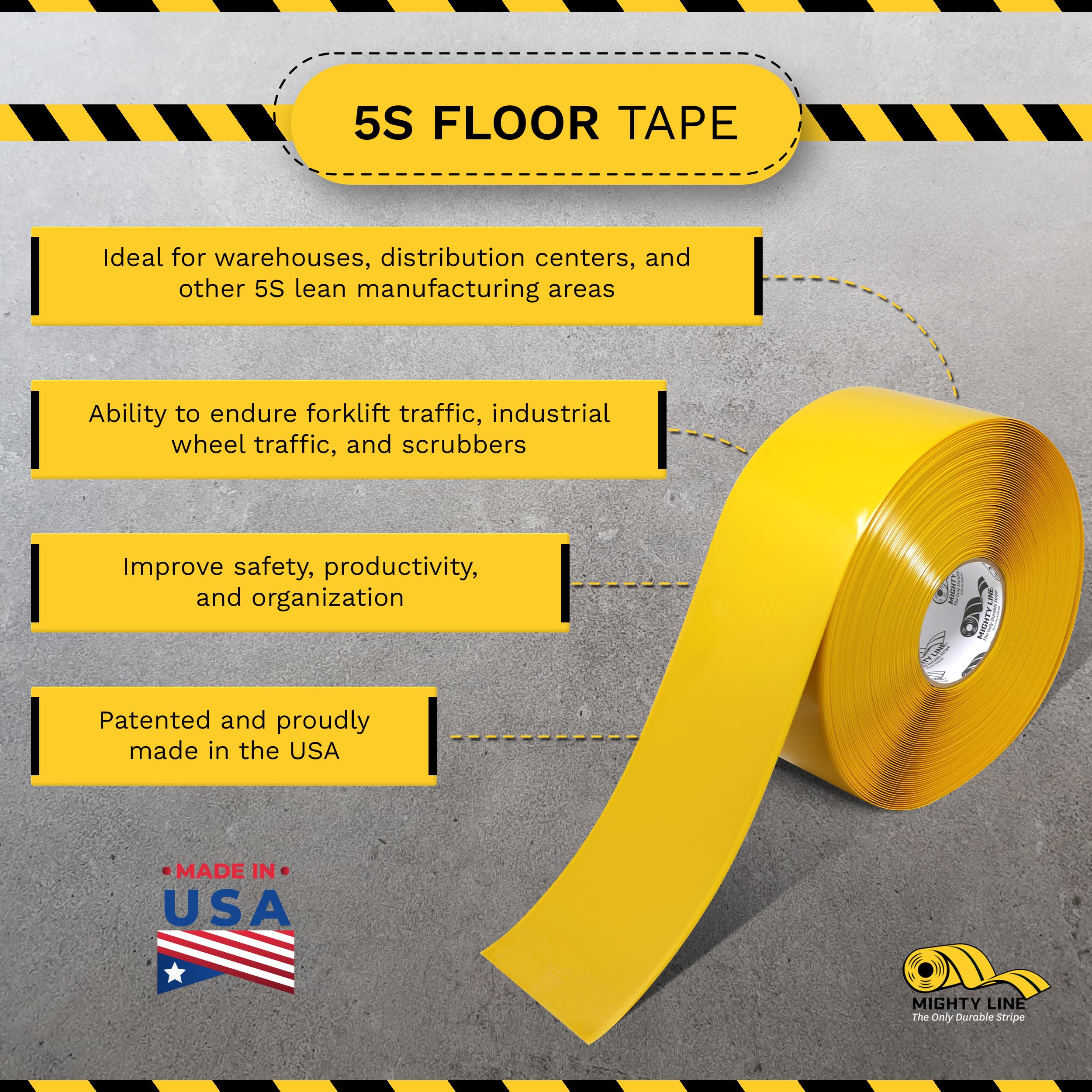 Mighty Line 5S Floor Marking Tape 4 in Wide 100 ft Roll Yellow | For Industrial Caution Warning Safety Warehouse Gym Dance Floor Line Set Marker Flooring Heavy-Duty Adhesive product thumbnail 4