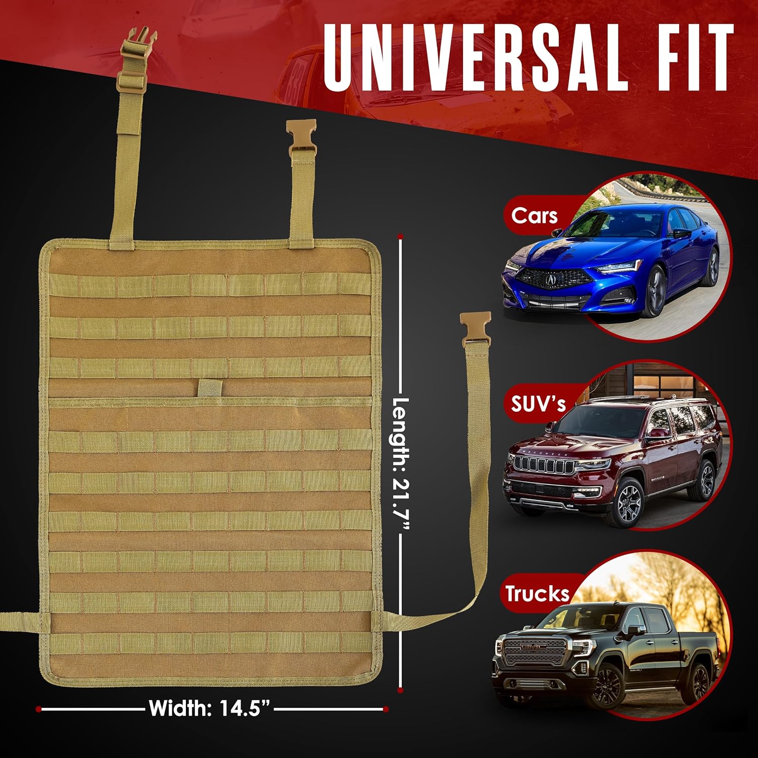 Houseables Tactical Seat Back Organizer, Molle Seat Back Organizer, Tactical Truck Accessories, Vehicle Molle Panel, Automotive Storage Accessories, Backseat, Seatback Kit, 5 Pouches, 22" x 14.5"