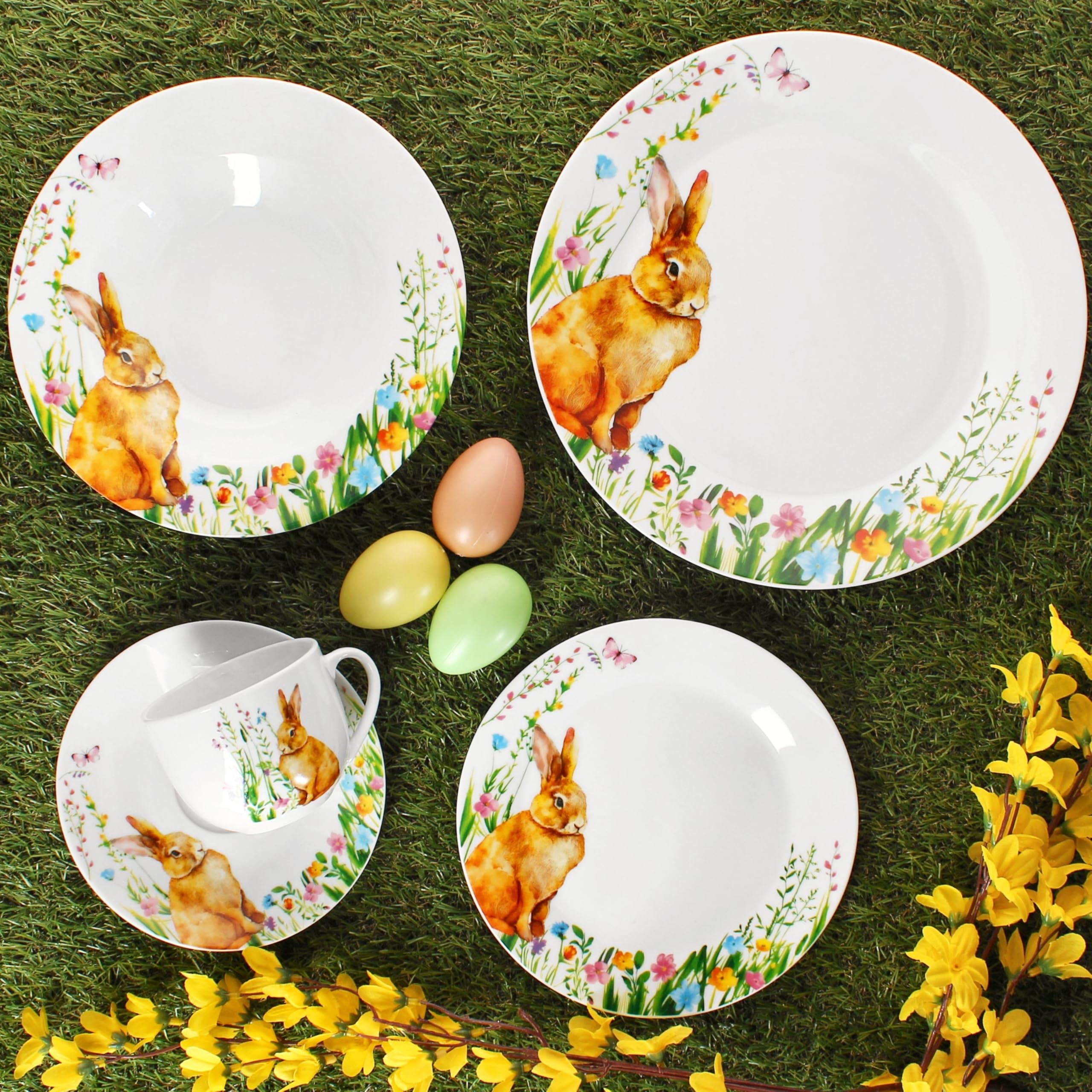 MamboCat 30tlg Kombiservice Osterfreude I frühlingshaftes Porzellan-Geschirrset mit Osterhasen-Dekor für 6 Personen I Je 6x Tassen, Untertassen, Kuchenteller, Suppenteller & Speiseteller