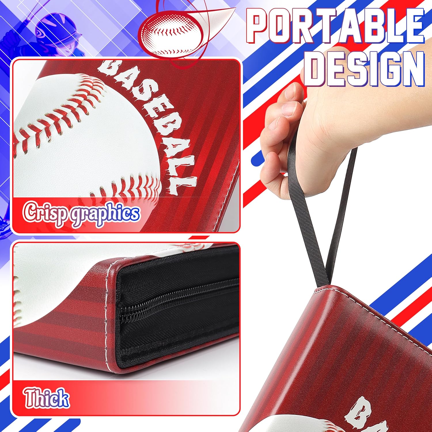 ZAIONE 4-Pocket Baseball Card Binder: Portable 440 Pockets Trading Cards Album for Teens Boys Girls - Zipper Card Holder Binder with Removable Sleeves for 2025 Design Gift (Red)
