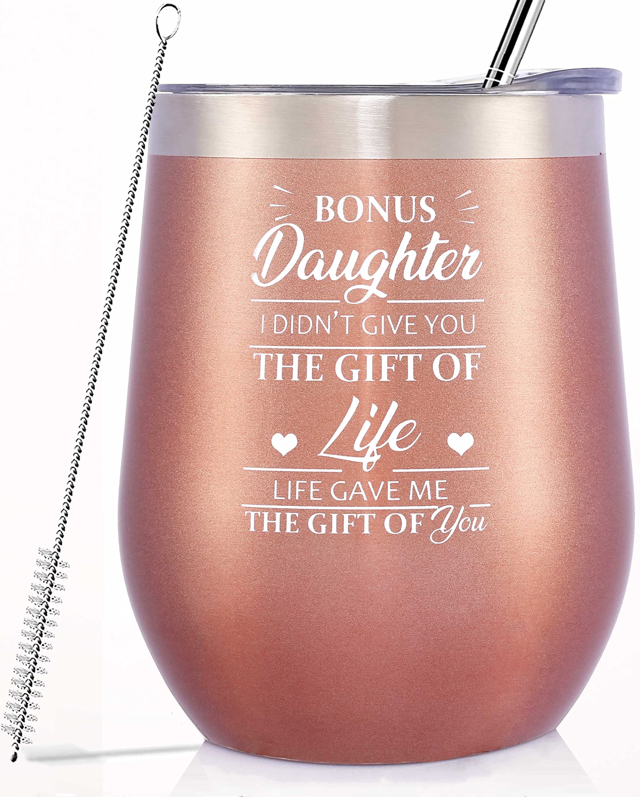 GEANHIL Bonus Daughter Gift-Tumbler for Girl in Law-Step Daughter Present from Mom-Birthday Graduation Christmas Gift,I Didn't Give You the Present of Life-12oz Rose Golden Tumbler Coffee Cup Mug
