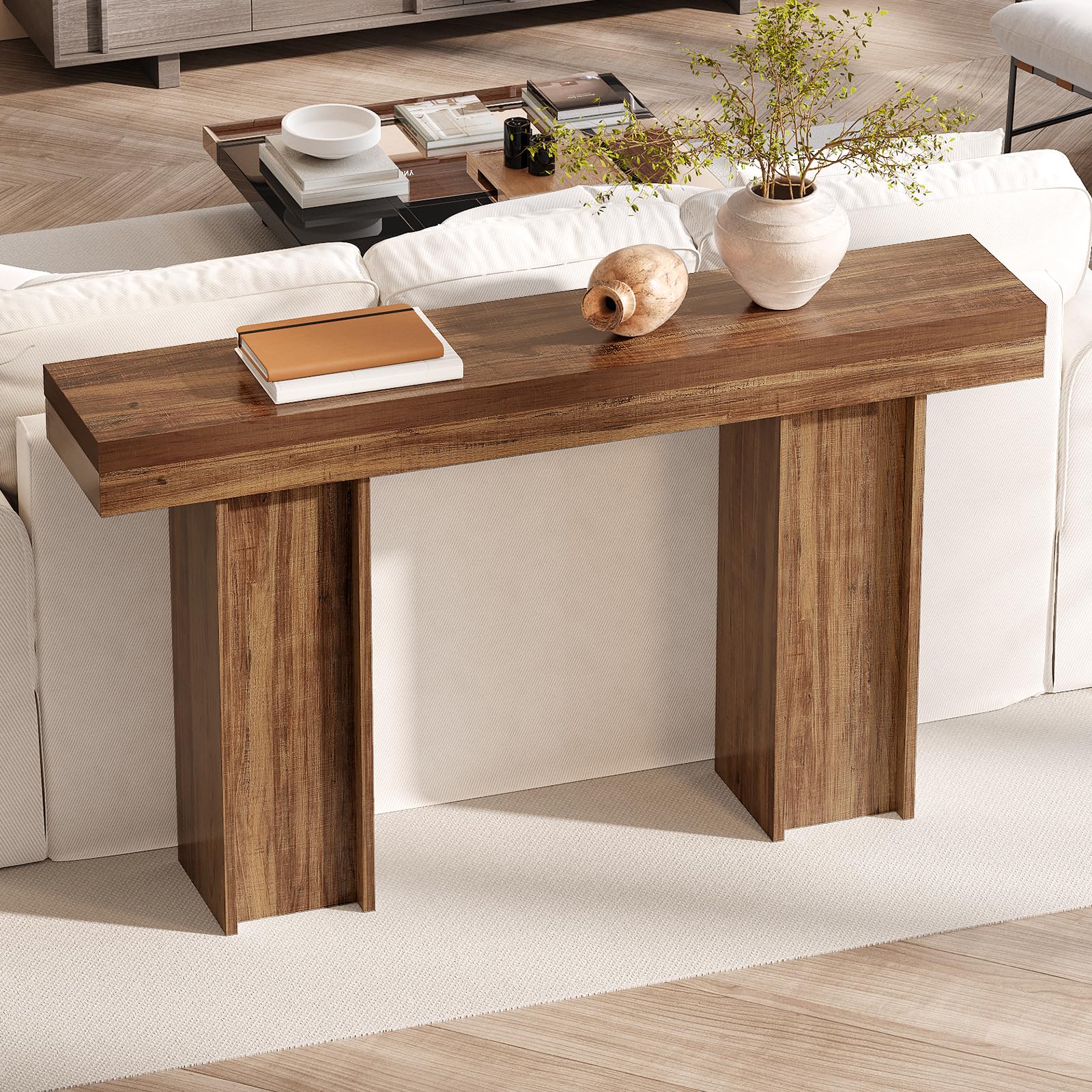 Mesa consola de granja de 55 pulgadas, mesa rectangular de madera para sofá detrás del sofá, mesa consola de entrada con almacenamiento para sala de estar, pasillo, entrada (marrón claro) 4