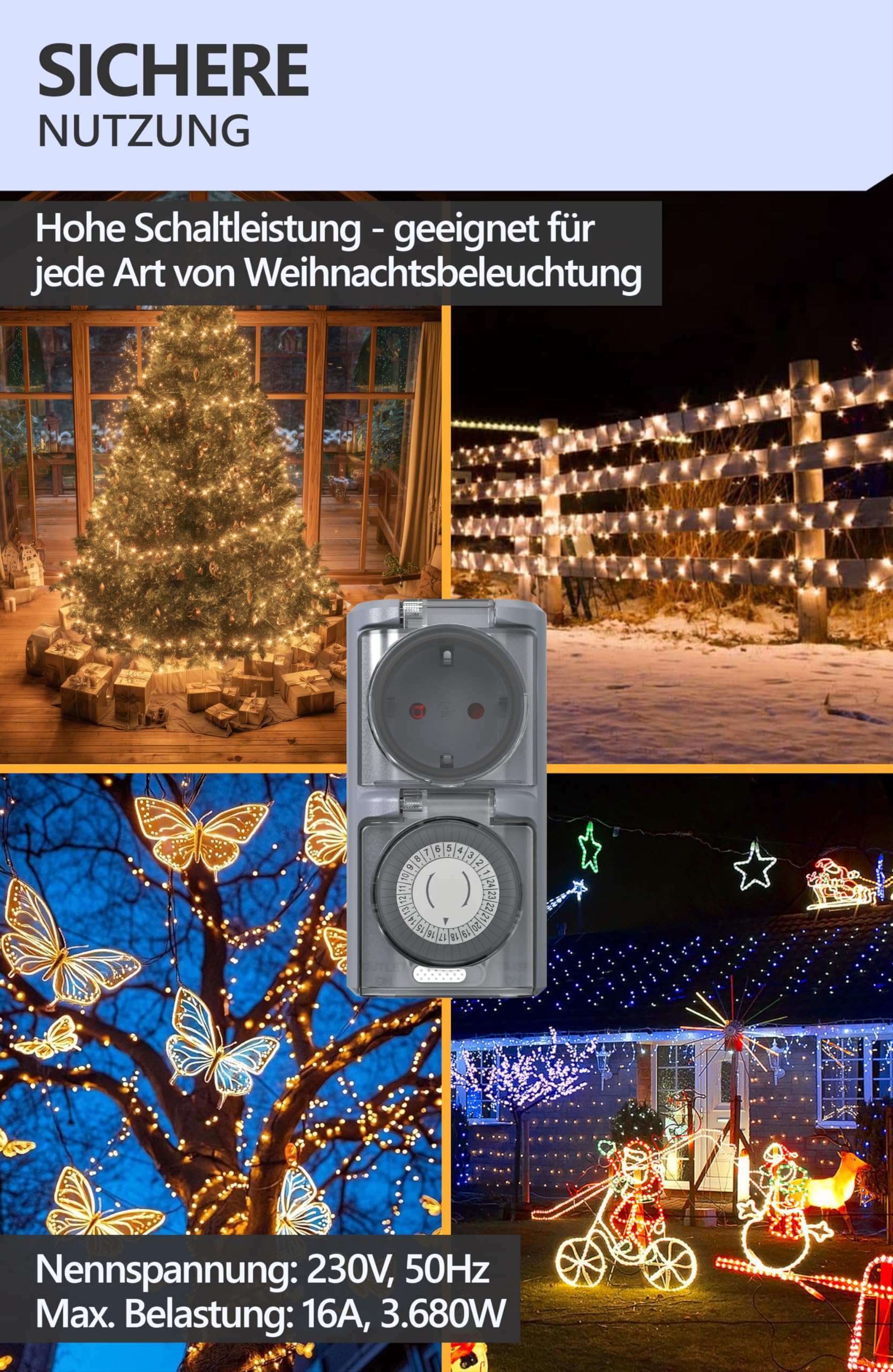 Premium Zeitschaltuhr Aussenbereich - 1 Stück - Zeitschaltuhr Steckdose außen IP44, mechanischer Zeitschalter analog außen - Outdoor Timer, Zeitschalter für Steckdose außen, hohe Schaltleistung
