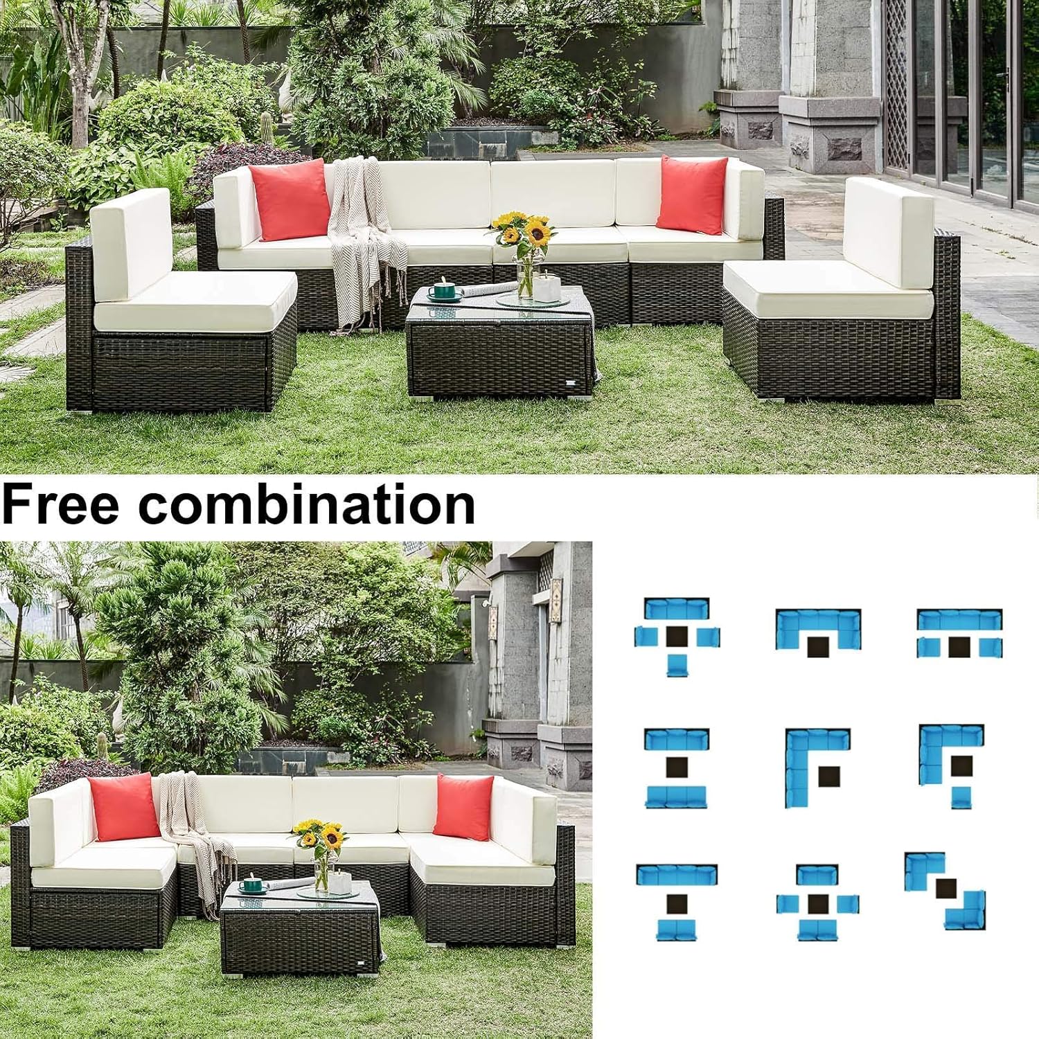 HONBAY 7 Pieces Patio Furniture Sets PE Wicker Rattan Patio Sectional Sofa Couch with Cushions and Coffee Table for Outdoor（Beige） : Patio, Lawn & Garden