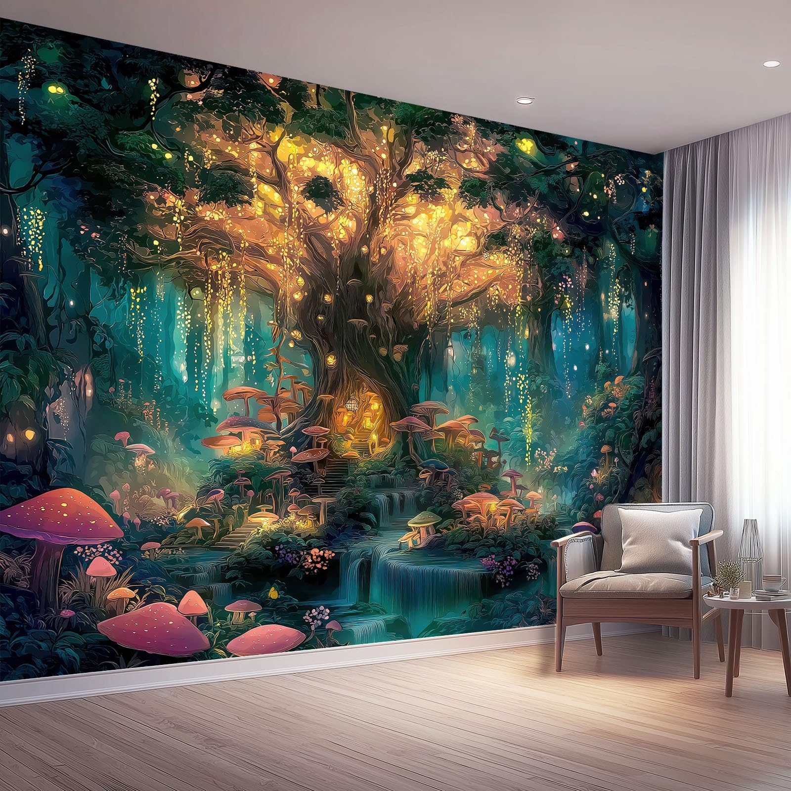 Fantasía Papel Pintado Panorámico - Bosque Encantado Plantas Mural Fotográfico Artístico 350 x 256 cm, Azul Oscuro Papel Pintado No Tejido Decoración De Pared Sala Oficina Salón Dormitorio