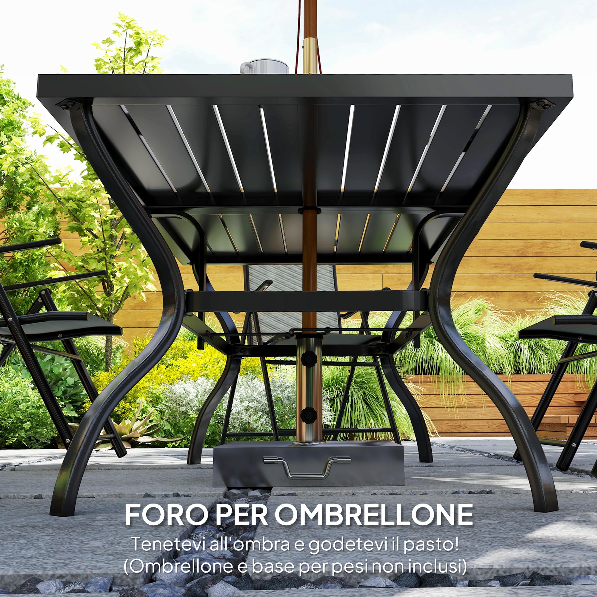 Outsunny Set Tavolo e Sedie da Giardino da 7 Pezzi Rettangolare Grigio | Tavolo da Pranzo con Foro per Ombrellone, 6 Sedie Pieghevoli da Esterno con Schienale Alto, in Acciaio