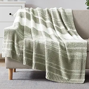 WRENGONGE Sage Green Throw Blanket, 60x80 Soft Cozy Striped Throw Blankets for Couch, Sofa, Bed, Travel, Lightweight Fluffy Warm Plush Decorative Blankets for Women, Men,Kids