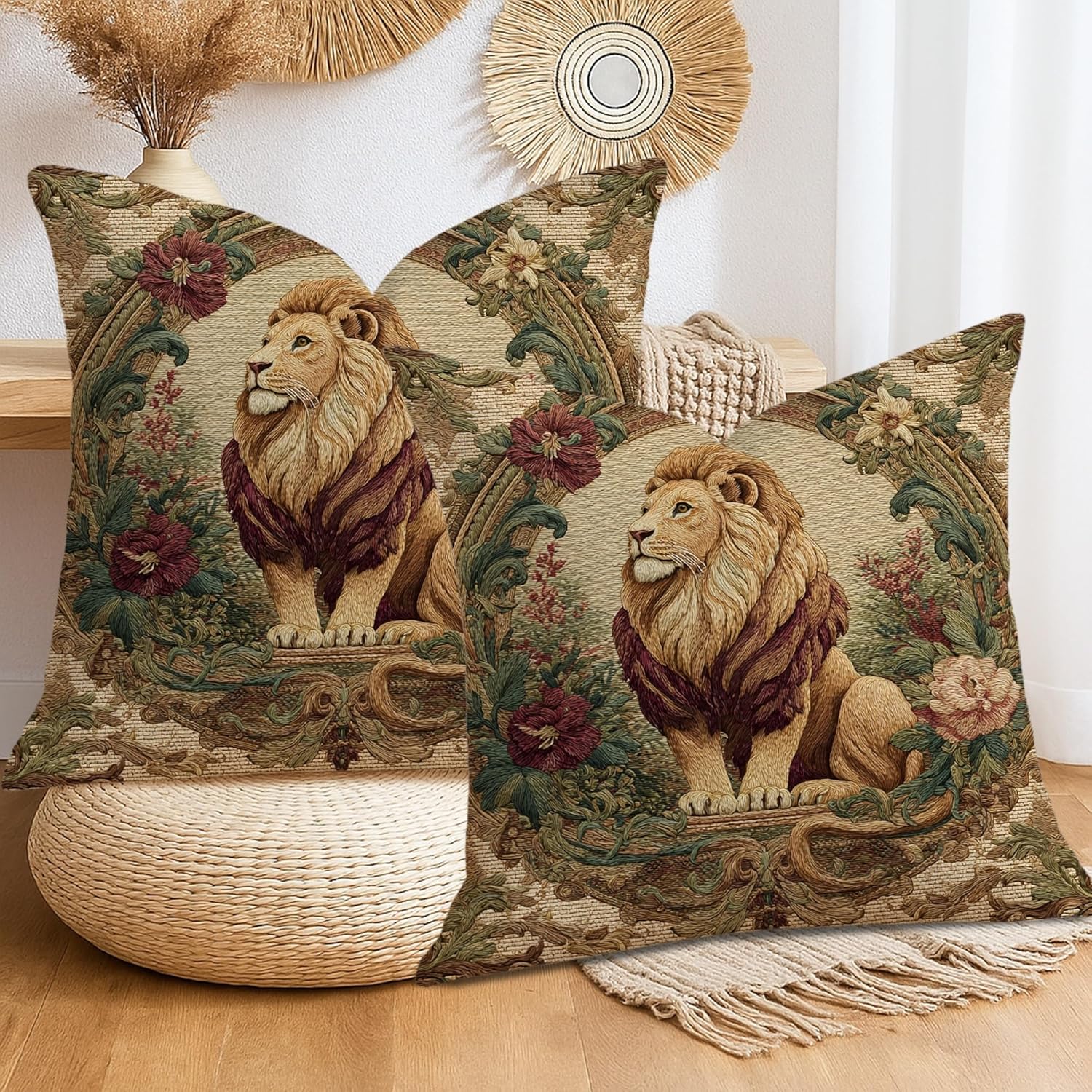 Lion Tapestry Pillow Covers Set of 2, Decorative Beige Floral Lion Print Throw Pillows, Vintage Home Decor for Sofa Bed Couch 28x28 Inch