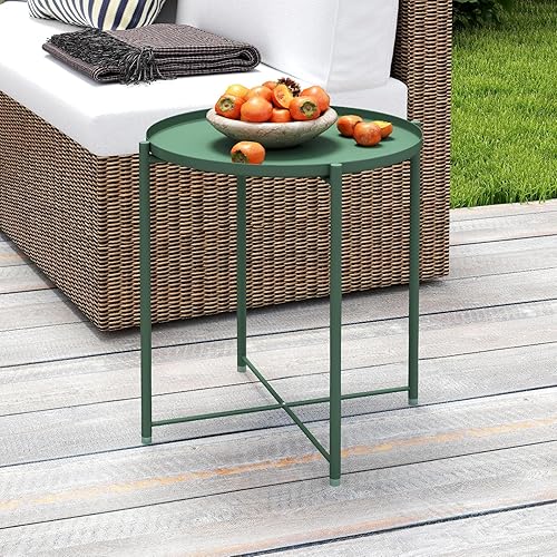 Miniatura 7 de Hollyhome - Mesa auxiliar de charola de metal, para sofá, mesa pequeña redonda, anticorrosión e impermeable para exteriores e interiores, mesa para