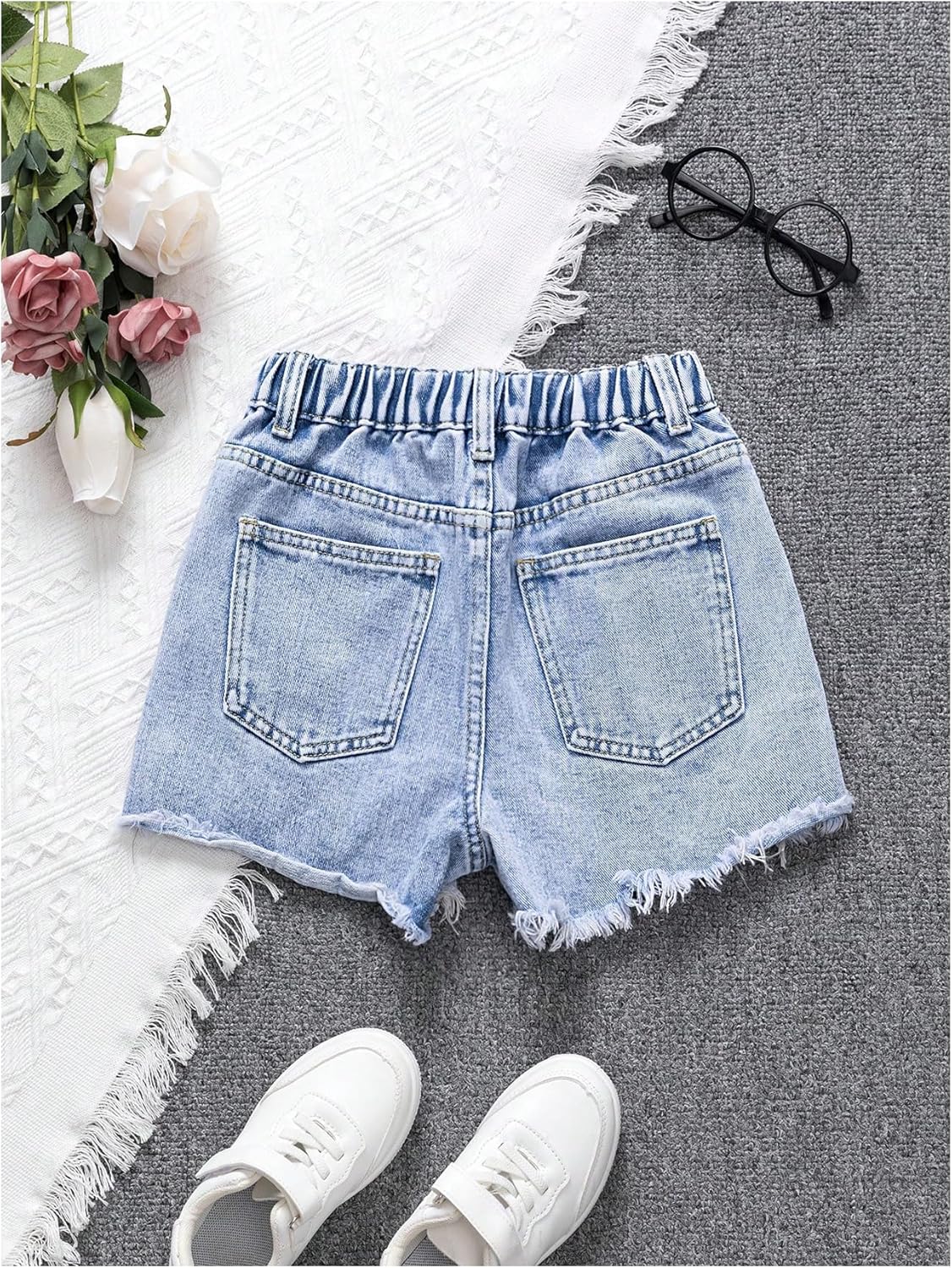 Floerns Girl's Ripped Raw Hem Elastic Waist Straight Leg Denim Shorts with Pockets - Image 2