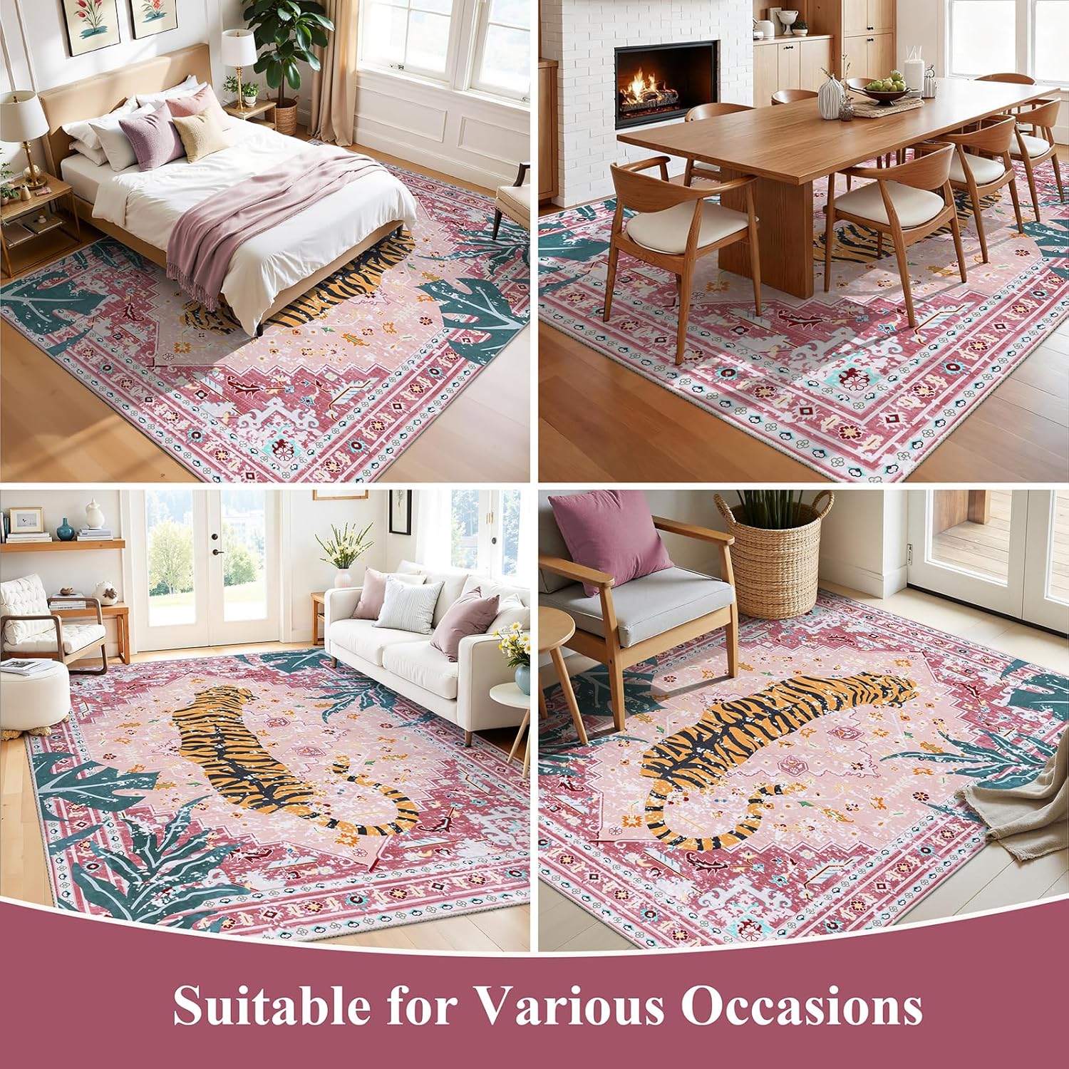 Ileading Vintage Oriental Tropical Jungle Hippie Tiger Area Rug 8x10 Non Slip Carpet for Living Room Pink Soft Low-Pile Thin Machine Washable Accent Floor Mat for Bedroom Dining Nursery