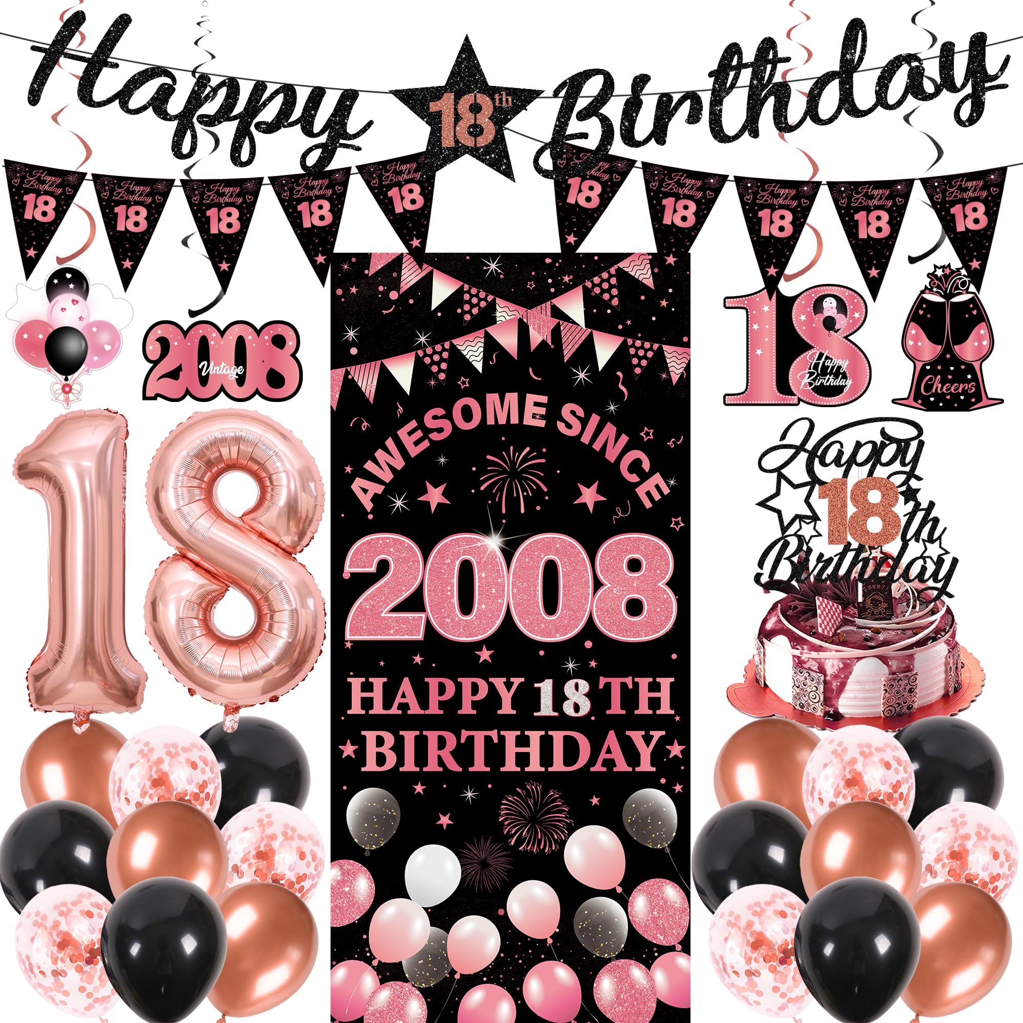 18th Birthday Decorations Girls Kit - 27 Pcs Black Rose Gold Happy 18th Birthday Banner Triangular Flag Hanging Swirls Backdrop Cake Topper 18 Balloon Set for 18 Years Old Party Decoration Supplies