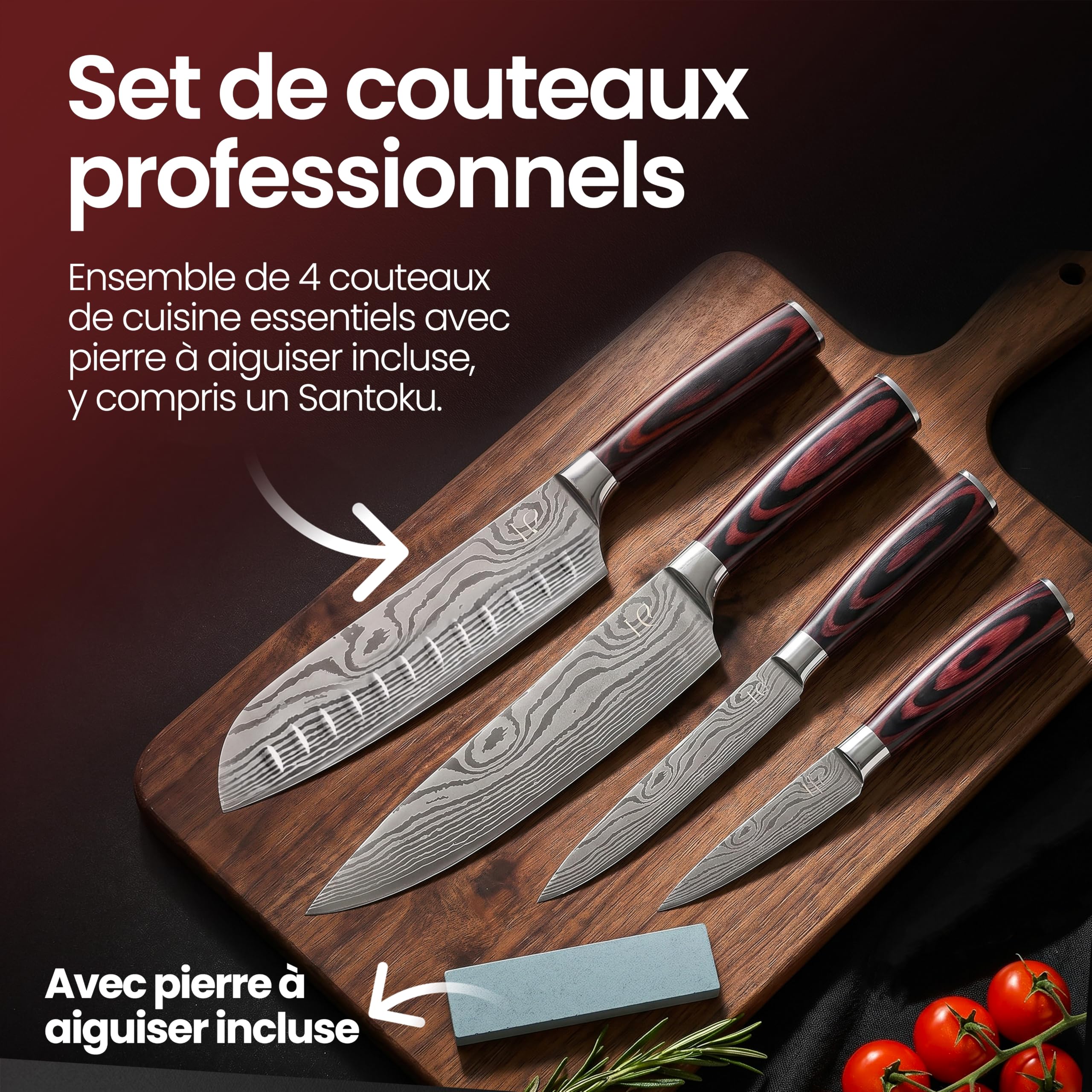 Set de 4 Couteaux Japonais avec Pierre à Aiguiser – Chef, Santoku, Utilitaire, Office – Motif Damas – Manche Bois Pakka – Coffret Cadeau à offrir