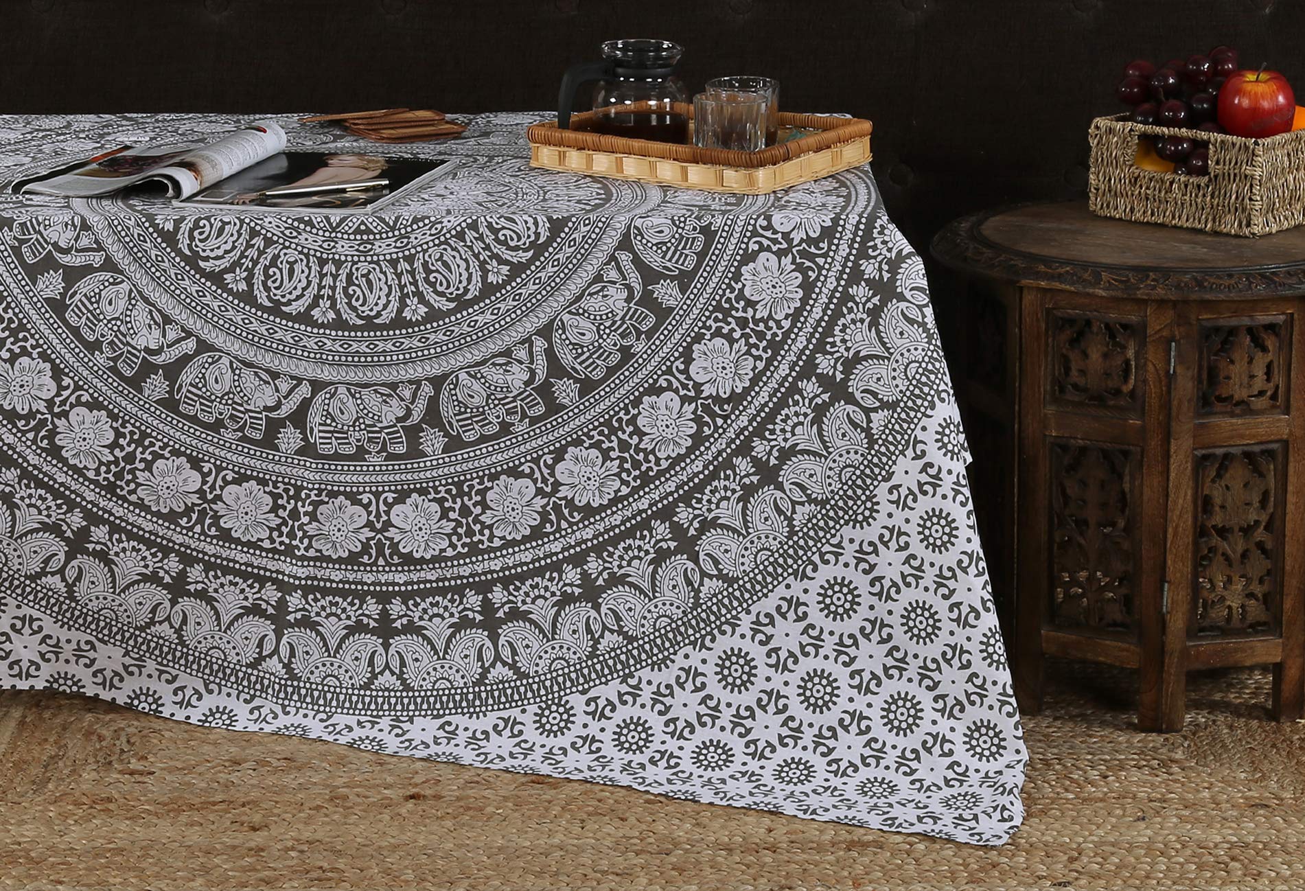 RAJRANG Mandala Wandteppich Elefant Boho Tapestry, Schwarz Weiß Baumwolle, 228x274 cm