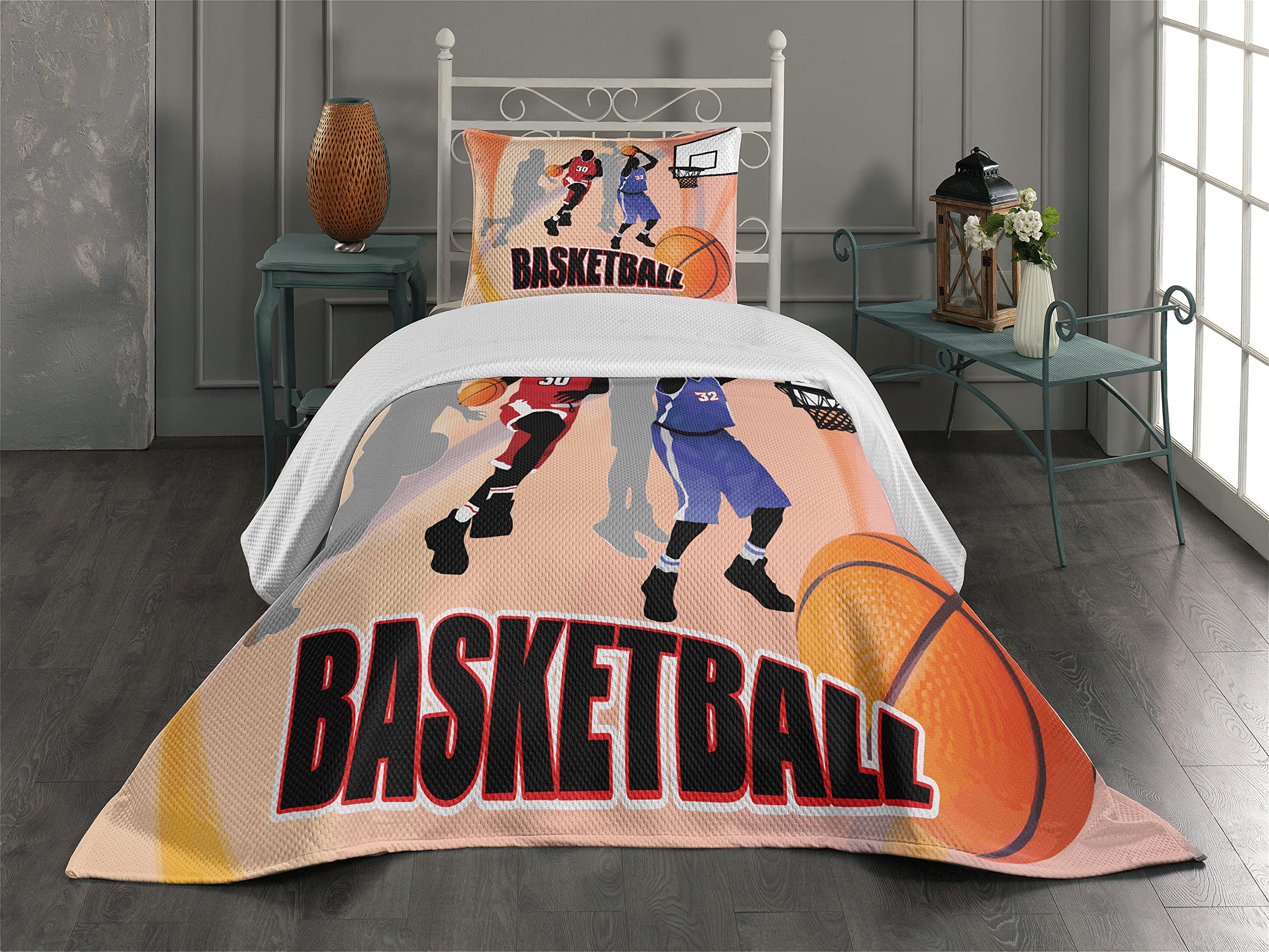 Ambesonne Basketball Coverlet, Basketball Action Players on Abstract Background Classical Poster Style Print, 2 Piece Decorative Quilted Bedspread Set with 1 Pillow Sham, Twin Size, Sea Blue