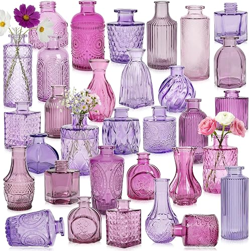 Colored Glass Vases Bulk 32 Pcs - Assorted Vintage Bud Vases for Wedding Centerpieces, Rustic Embossed Glass Bottles for Table Decor, Home Floral Arrangements with Purple Series (2-6 Inch)
