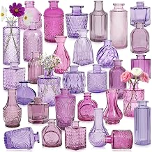 Colored Glass Vases Bulk 32 Pcs - Assorted Vintage Bud Vases for Wedding Centerpieces, Rustic Embossed Glass Bottles for Table Decor, Home Floral Arrangements with Purple Series 2-6 Inch