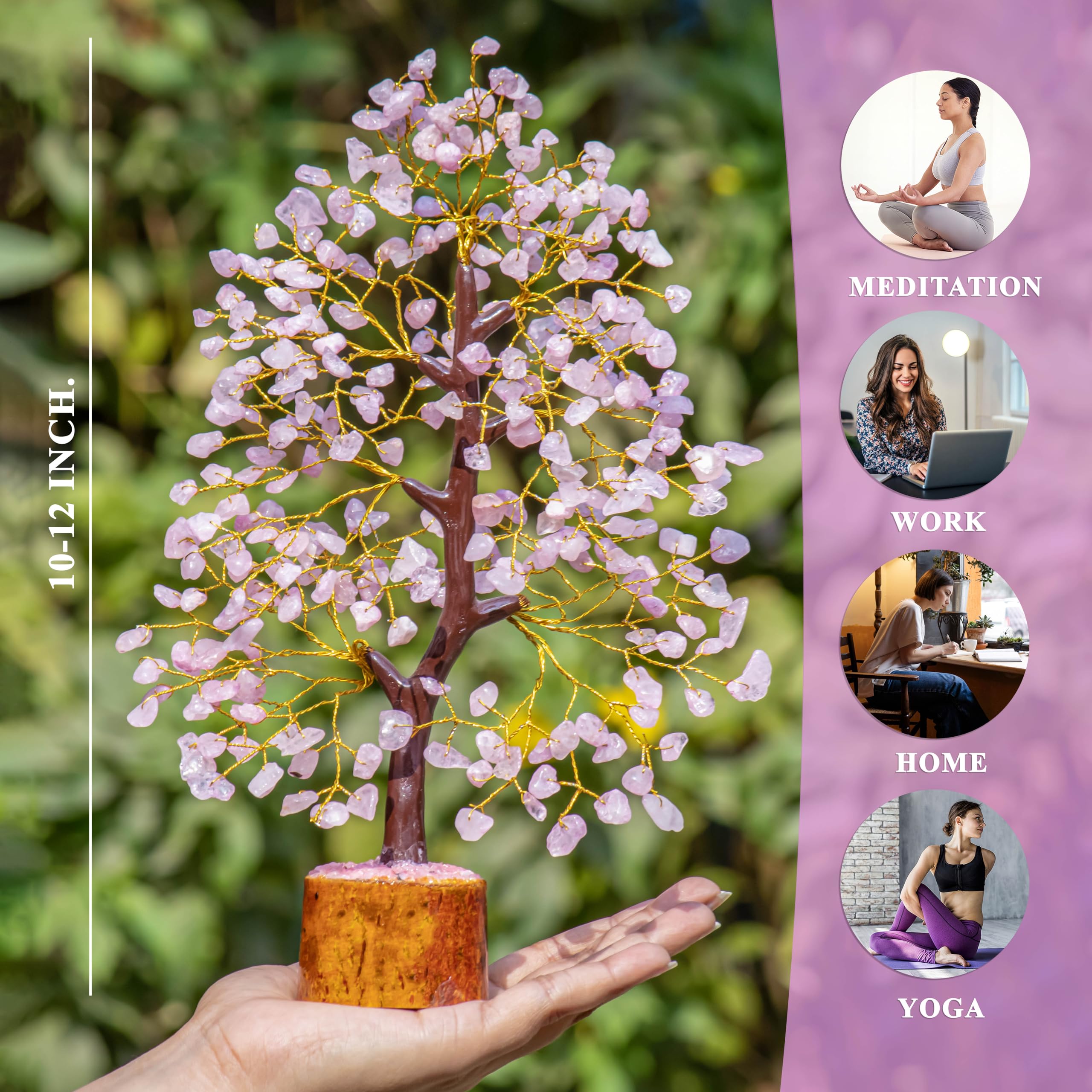 Shawn Rose Quartz Gem Tree – Artificial Bonsai Tree, Healing Crystal Home Decor, Feng Shui, Spiritual Gift, Good Luck Gift, 10-12 Inch