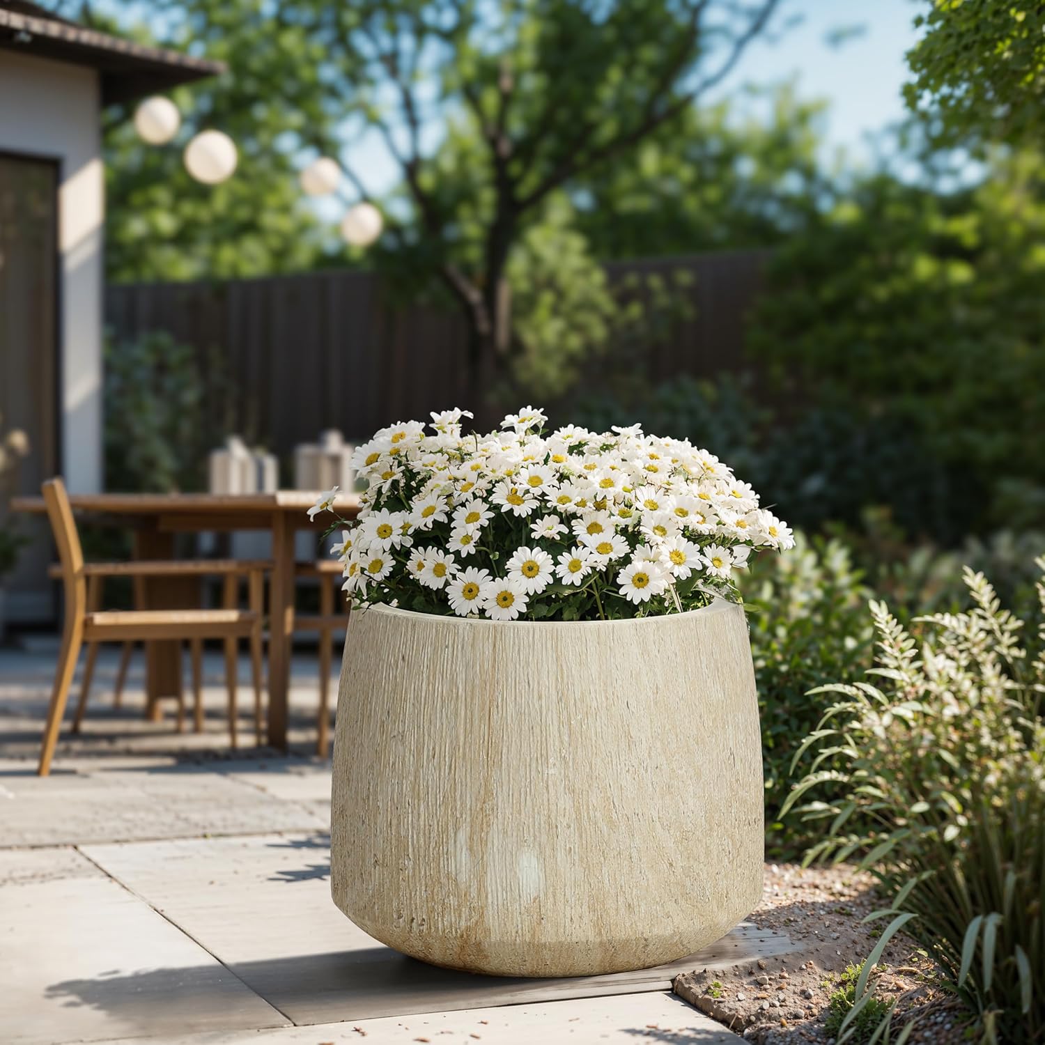 LuxenHome Round Tapered Planters, Set of 2 Outdoor Indoor Plant Pots with Drainage Hole, Decorative Lightweight Flower Pots, Rustic Wood Grain Texture Concrete Planter Pots for Home Garden Patio