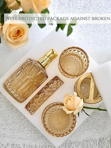 Miniatura 6 de Juego completo de accesorios de baño, 5 piezas de accesorios de baño de vidrio dorado transparente, juego de dispensador de jabón, jabonera, vaso,