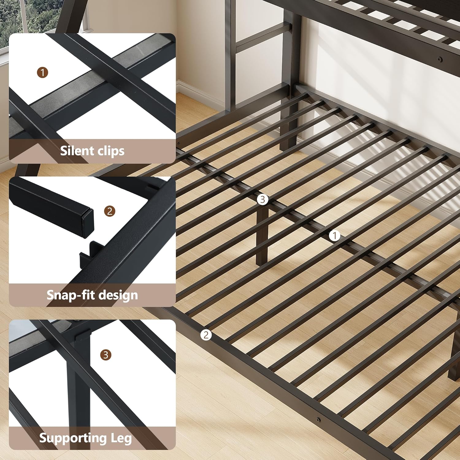Feonase Bunk Beds Twin Over Full Size, Heavy Duty Metal Bunk Beds with Safety Guardrail & Ladders, Steel Loft Bed Frame for Teens and Adults, Apartment or Dorm, Noise Free & Easy Assembly, Black
