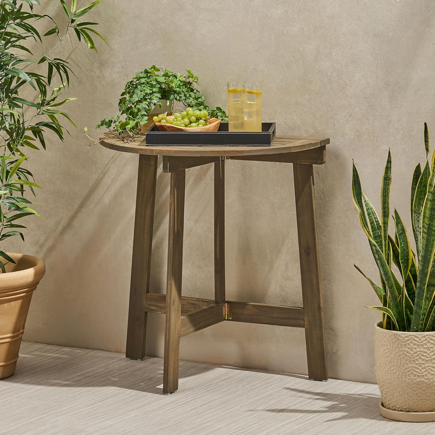 Kaimei Acacia Wood Folding Bistro Table for Balcony, Grey Half-Round Patio Table for Small Spaces
