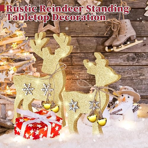 Miniatura 5 de 2 piezas de decoración navideña de renos de Navidad, decoración de escritorio de ciervos de Navidad, decoración de mesa de pie de reno rústico para