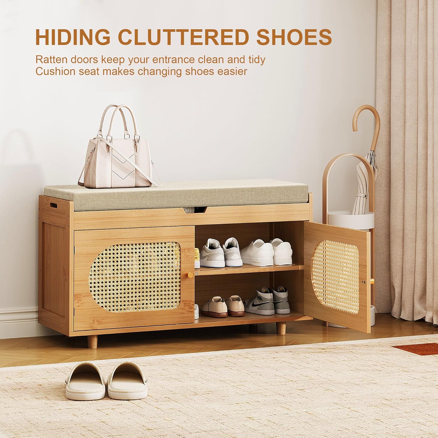 Rattan Shoe Storage Bench, 35.4" Bamboo Entryway Bench, 2-Tier Shoe Rack with 2 Doors & Padded Seat Cushion for Entryway, Living Room, Bedroom