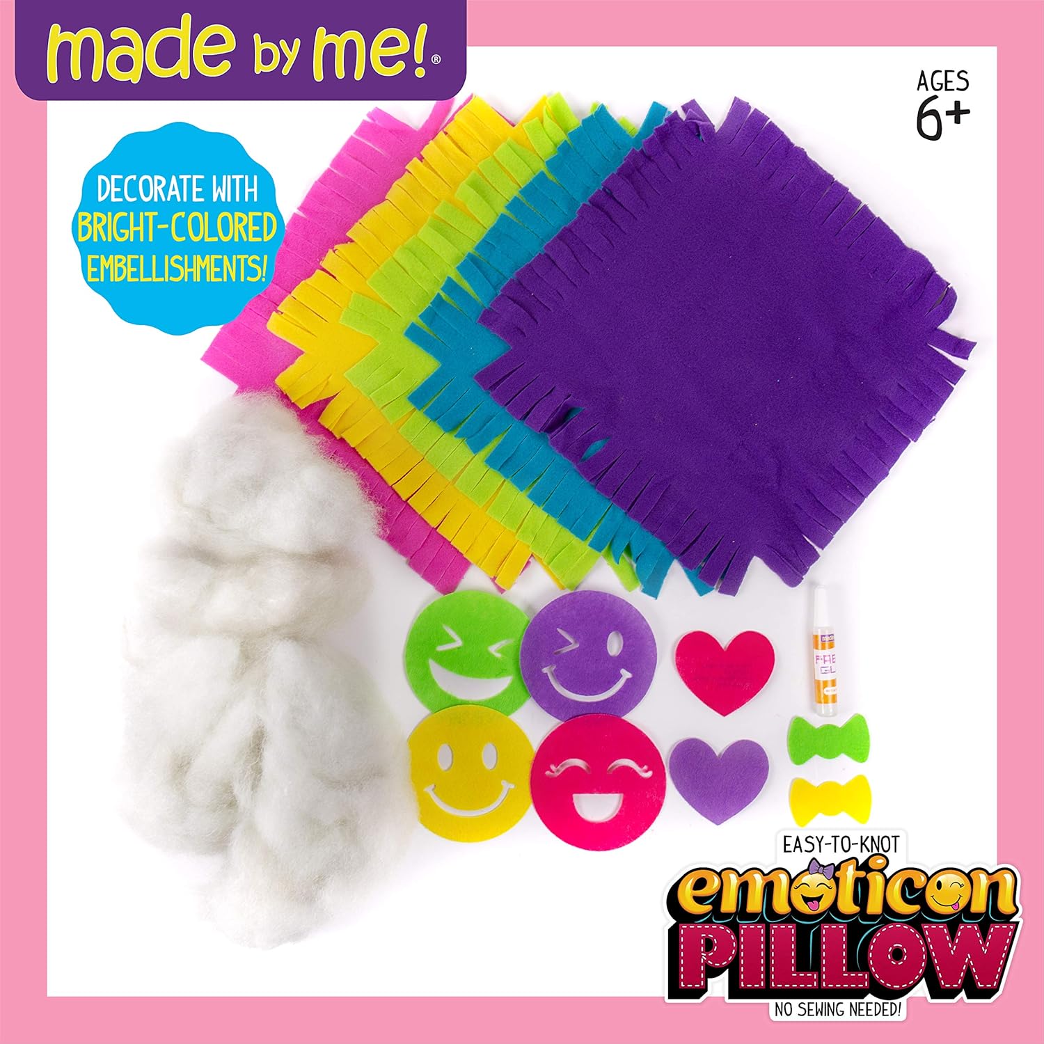 Made By Me Easy to Knot Jumbo Emoticon Pillow by Horizon Group USA, No Sewing, No Cutting, 20 in.x 20 in. Fleece Pillow, Pre-Cut Squares & Felt Decals, Fiber Fill, Assorted (73041F) : Home & Kitchen