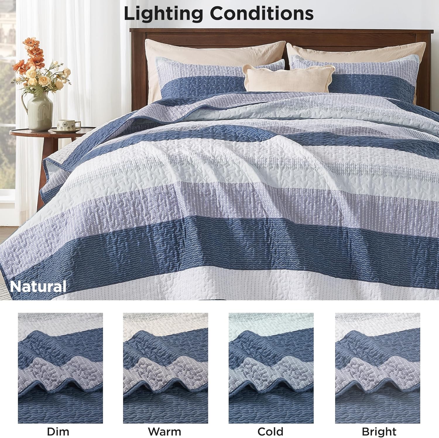 Andency King Size Quilt Set Mineral Blue, 3 Pieces Summer Ultra Soft Lightweight Bedspreads & Coverlets Set, Patchwork Striped Quilted Bedding Sets for All Seasons (1 Quilt, 2 Pillow Shams) - Image 9
