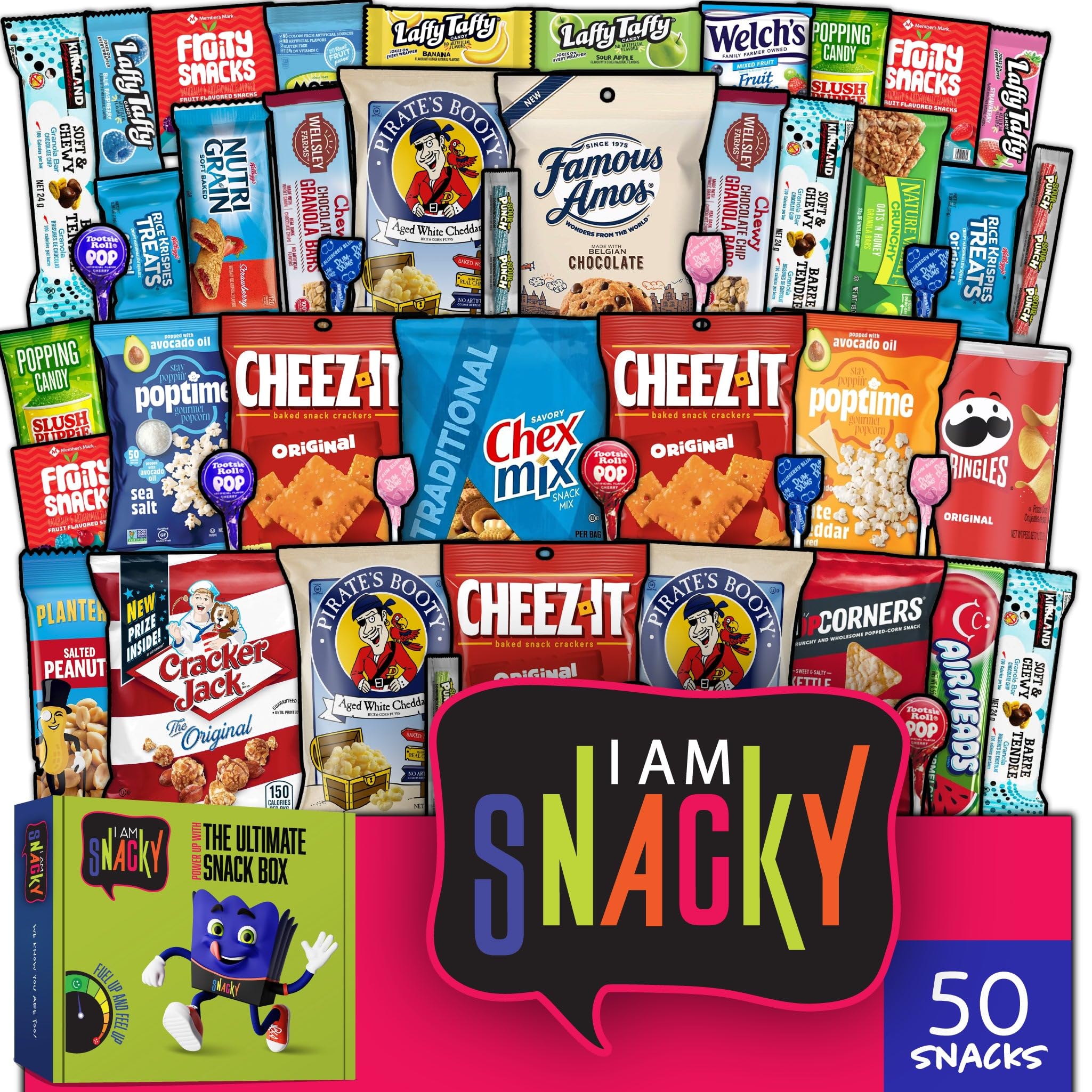 I AM Snacky - Valentines Day Snack Box Variety Pack Care Package + Greeting Card - SNACKY'S BLISS BITES (50 Count) Birthday Sweet Treats Gift Basket, Candies Chips